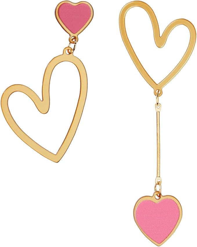 Asymmetric Heart Earrings, Hollow Stud Earrings Long Love Pendant Big Dangle Costume Jewelry for Women Christmas Party Valentines Day - - Image 1