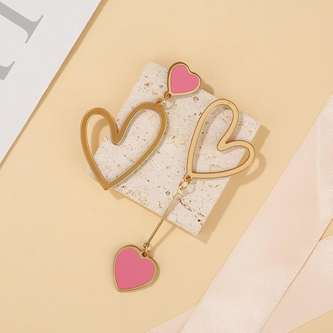 Asymmetric Heart Earrings, Hollow Stud Earrings Long Love Pendant Big Dangle Costume Jewelry for Women Christmas Party Valentines Day - - Image 3