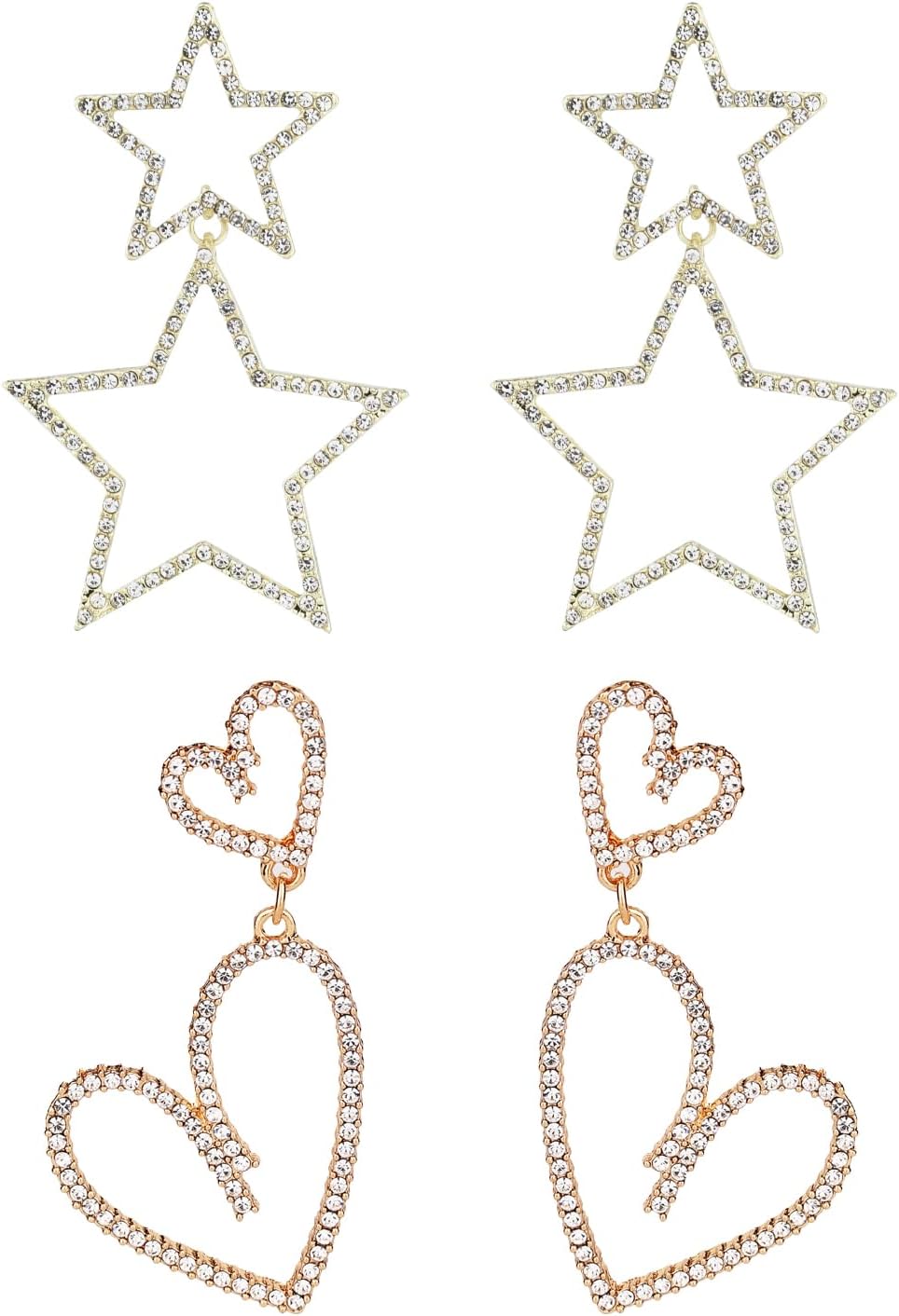 2 Pairs Rhinestone Big Star Earrings, Love Heart Dangle Earrings Crystal Sparkly Drop Jewelry for Women Wedding Birthday Party Valentines Day (Gold) - - Image 1