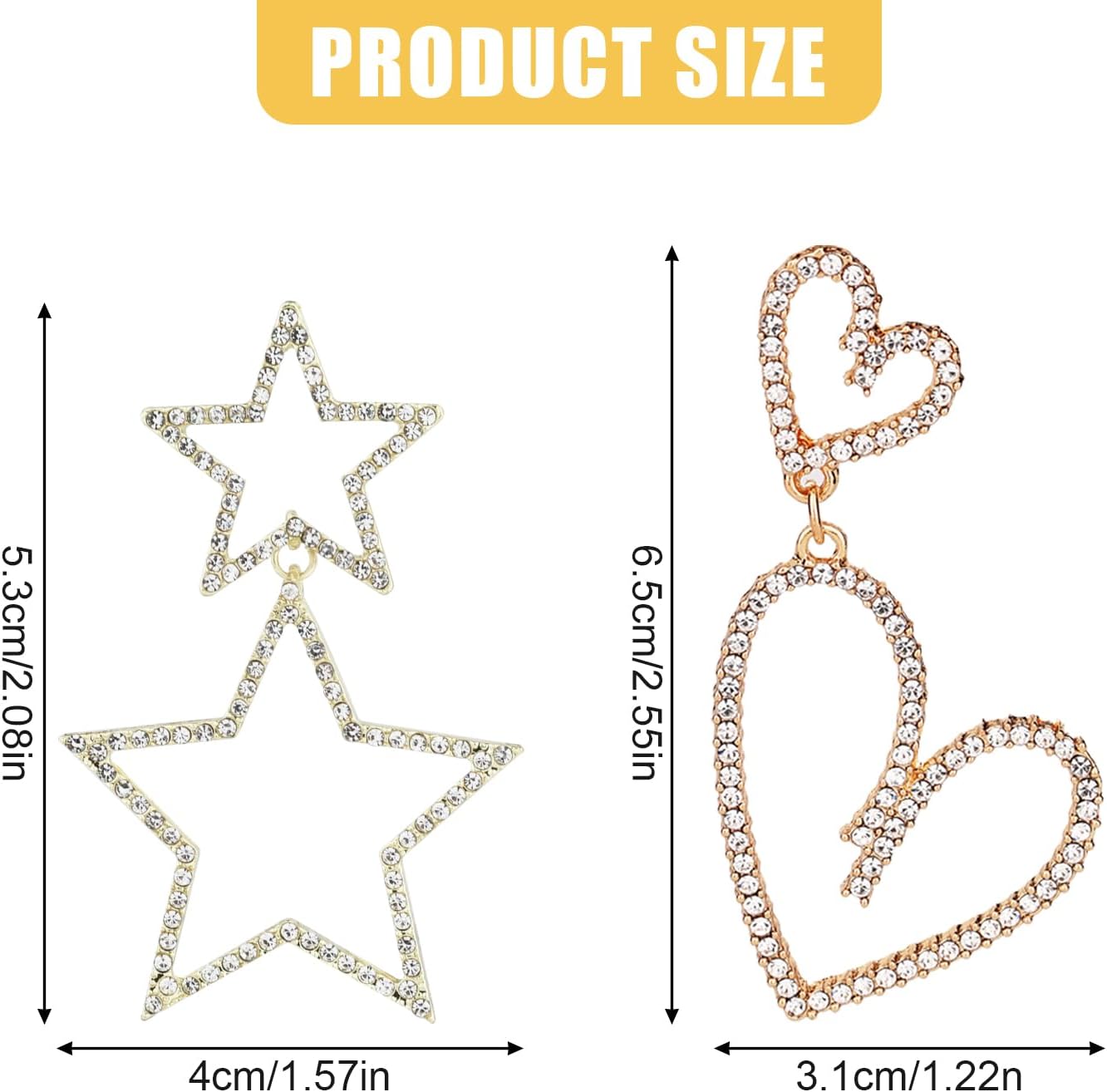 2 Pairs Rhinestone Big Star Earrings, Love Heart Dangle Earrings Crystal Sparkly Drop Jewelry for Women Wedding Birthday Party Valentines Day (Gold) - - Image 2