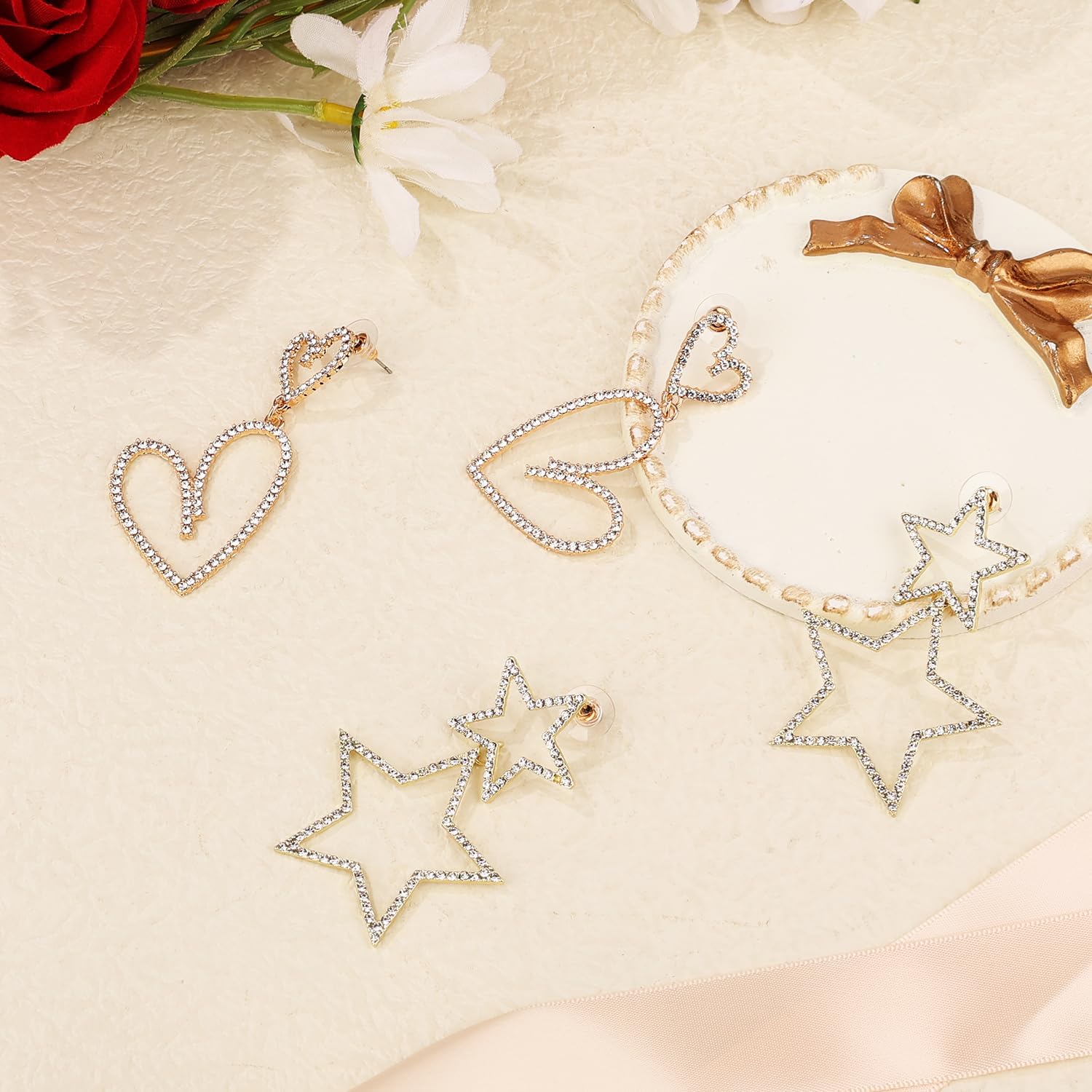 2 Pairs Rhinestone Big Star Earrings, Love Heart Dangle Earrings Crystal Sparkly Drop Jewelry for Women Wedding Birthday Party Valentines Day (Gold) - - Image 3