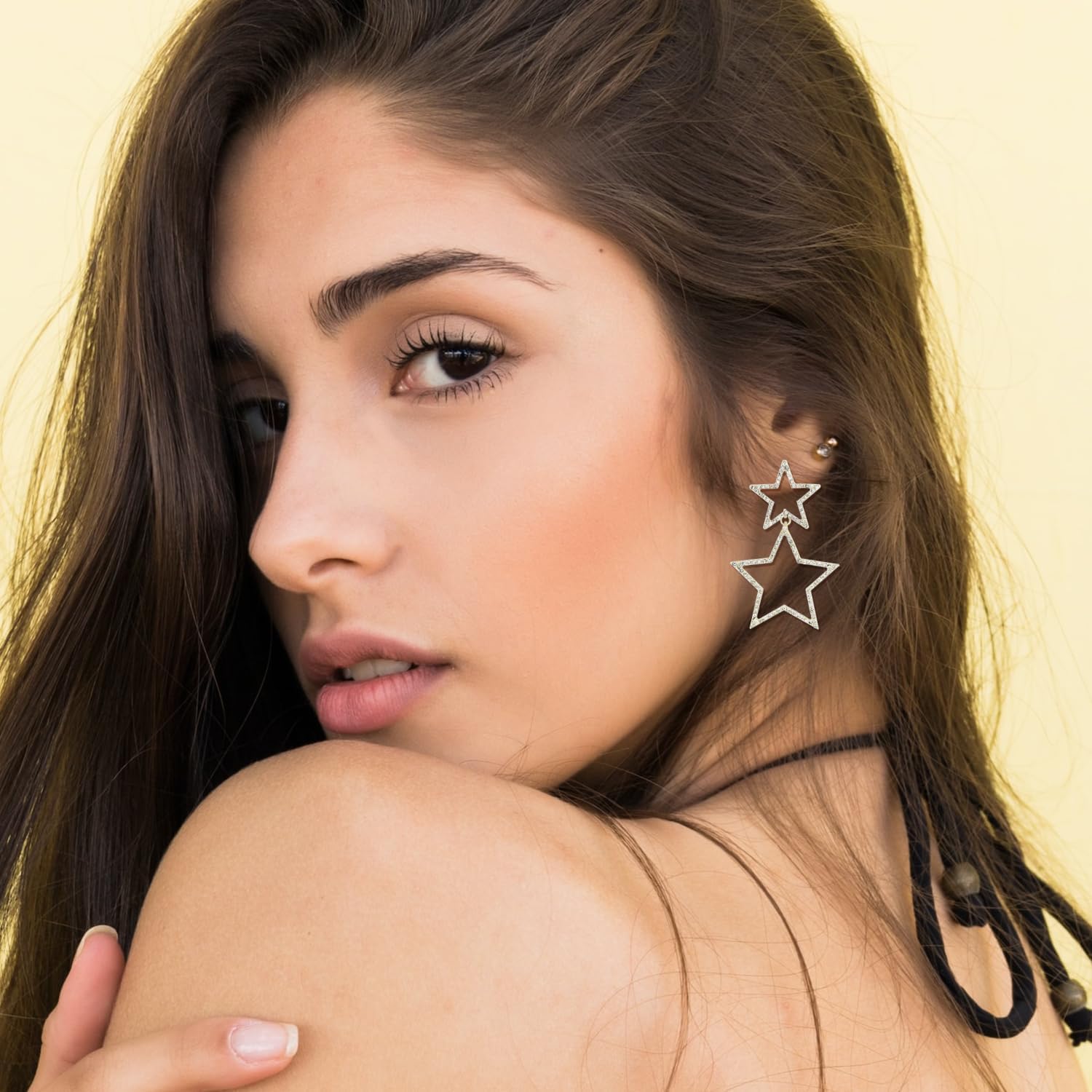 2 Pairs Rhinestone Big Star Earrings, Love Heart Dangle Earrings Crystal Sparkly Drop Jewelry for Women Wedding Birthday Party Valentines Day (Gold) - - Image 4