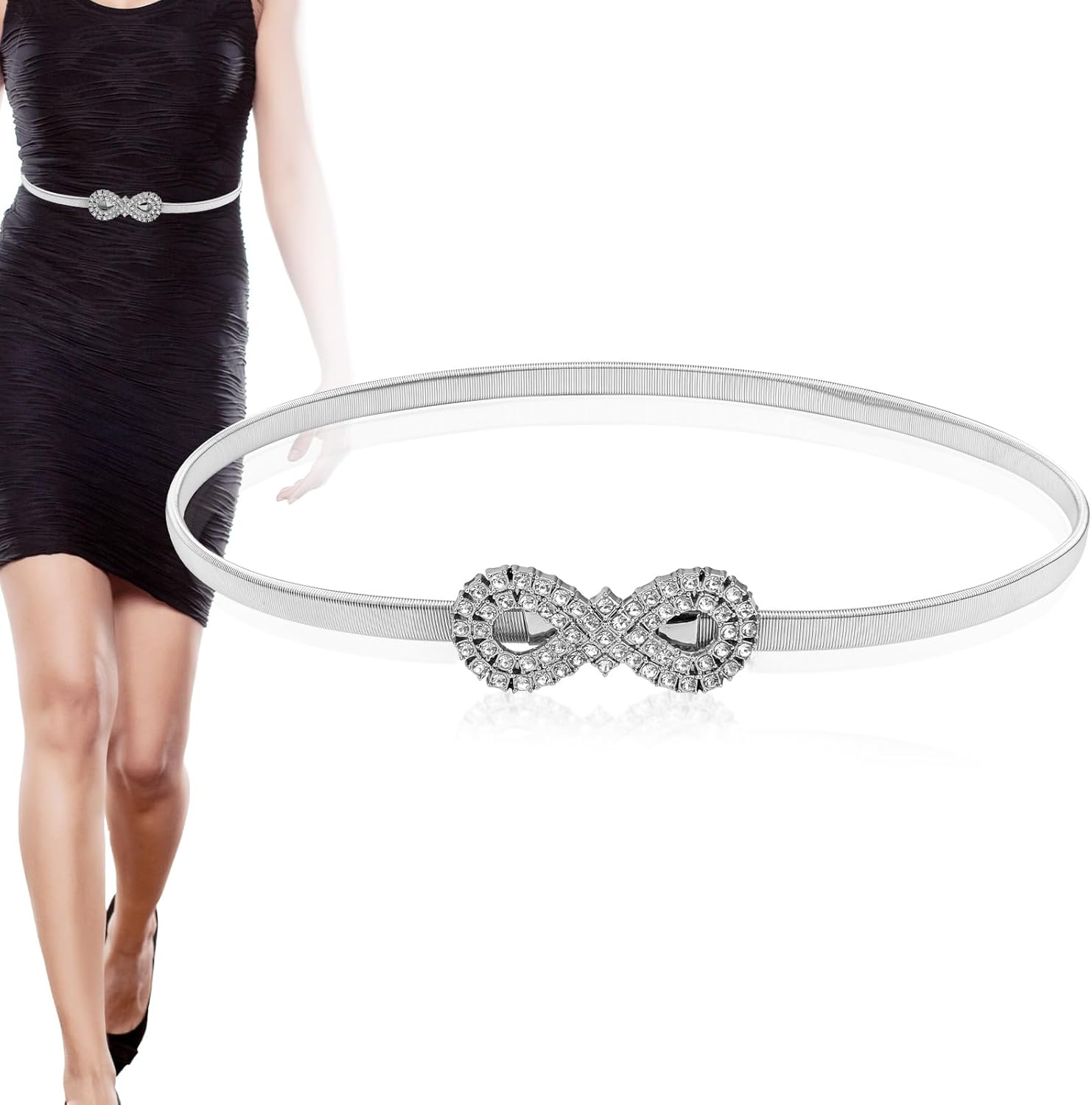 Metal Bow Belt, Women's Rhinestone Belt Silver Waist Stretchy Bow-Knot Chain Shinny Waistband Tie Rope for Dresses Jeans Gift - - Image 1