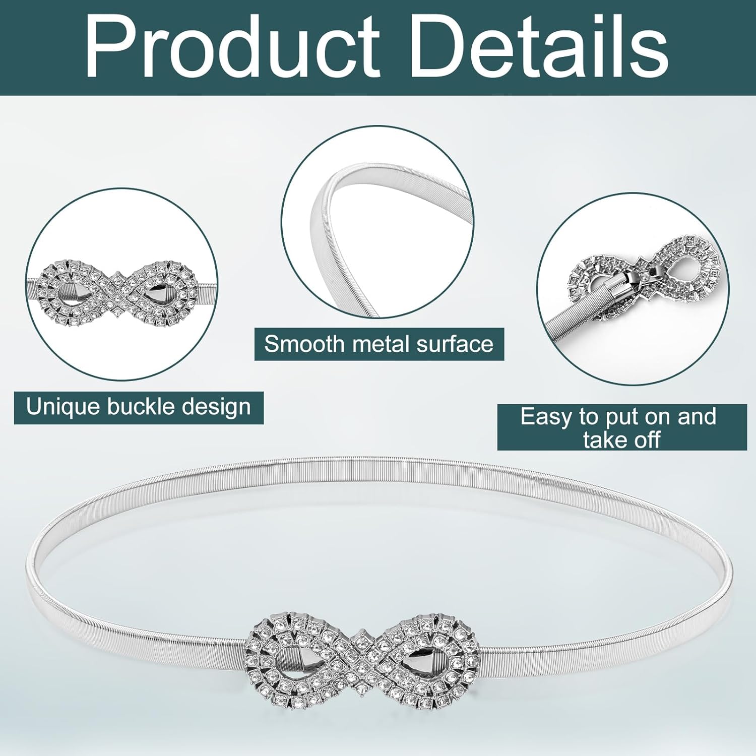 Metal Bow Belt, Women's Rhinestone Belt Silver Waist Stretchy Bow-Knot Chain Shinny Waistband Tie Rope for Dresses Jeans Gift - - Image 3