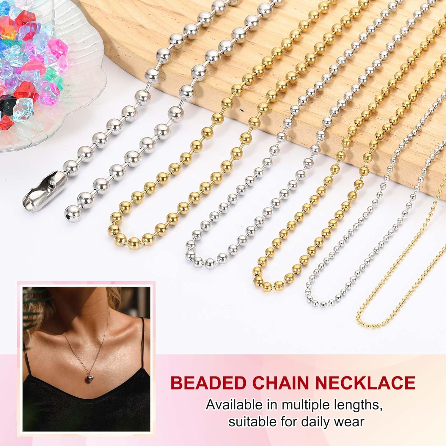 Silver-tone Beaded Chain Necklace, Titanium Steel Bead Ball Necklace Y2K Punk for Women Men Gift Gold 0.24 in x 18 - Image 3