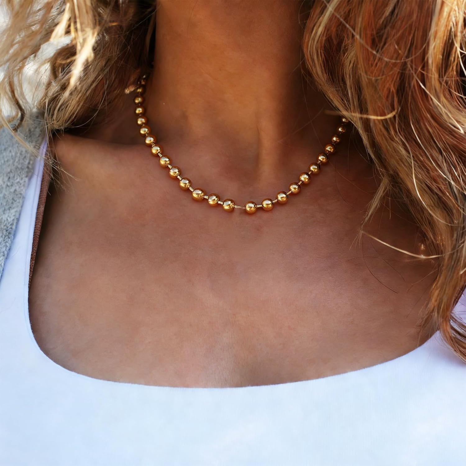 Silver-tone Beaded Chain Necklace, Titanium Steel Bead Ball Necklace Y2K Punk for Women Men Gift Gold 0.24 in x 18 - Image 4