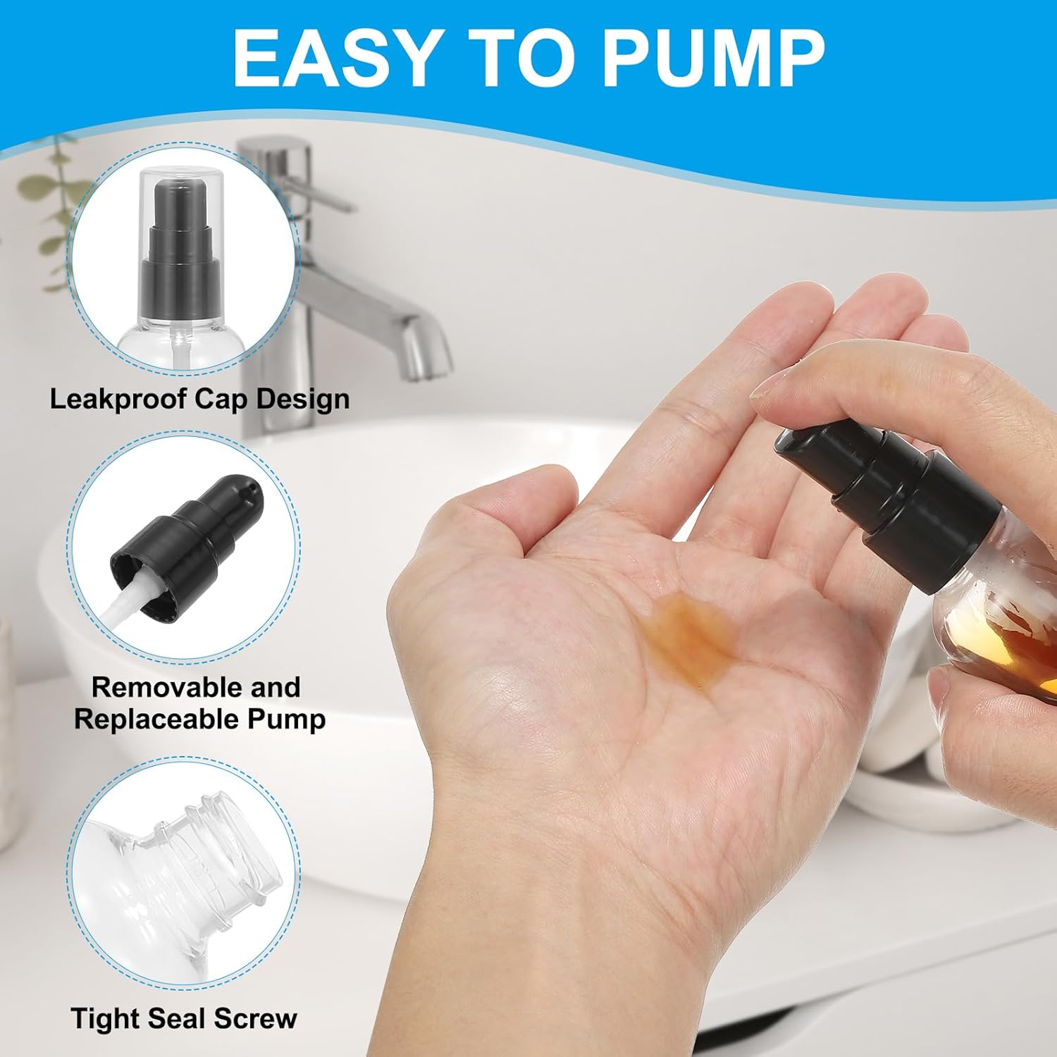 Travel Pump Bottles, 6 Pcs 3.4Oz(100ml) Leak Proof Refillable Empty Dispenser Container Squeeze Bottle with for Shampoo Toiletries Lotion Cream, Black - - Image 3