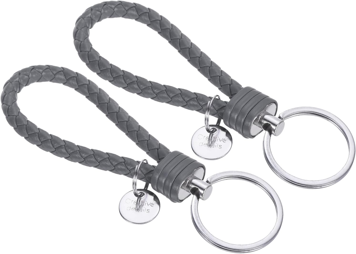 Braided Leather Keychain with Stainless Steel Key Ring Sleeves, PU Woven Wristlet Lanyard Strap Fob Keyring Holder Gray - - Image 1