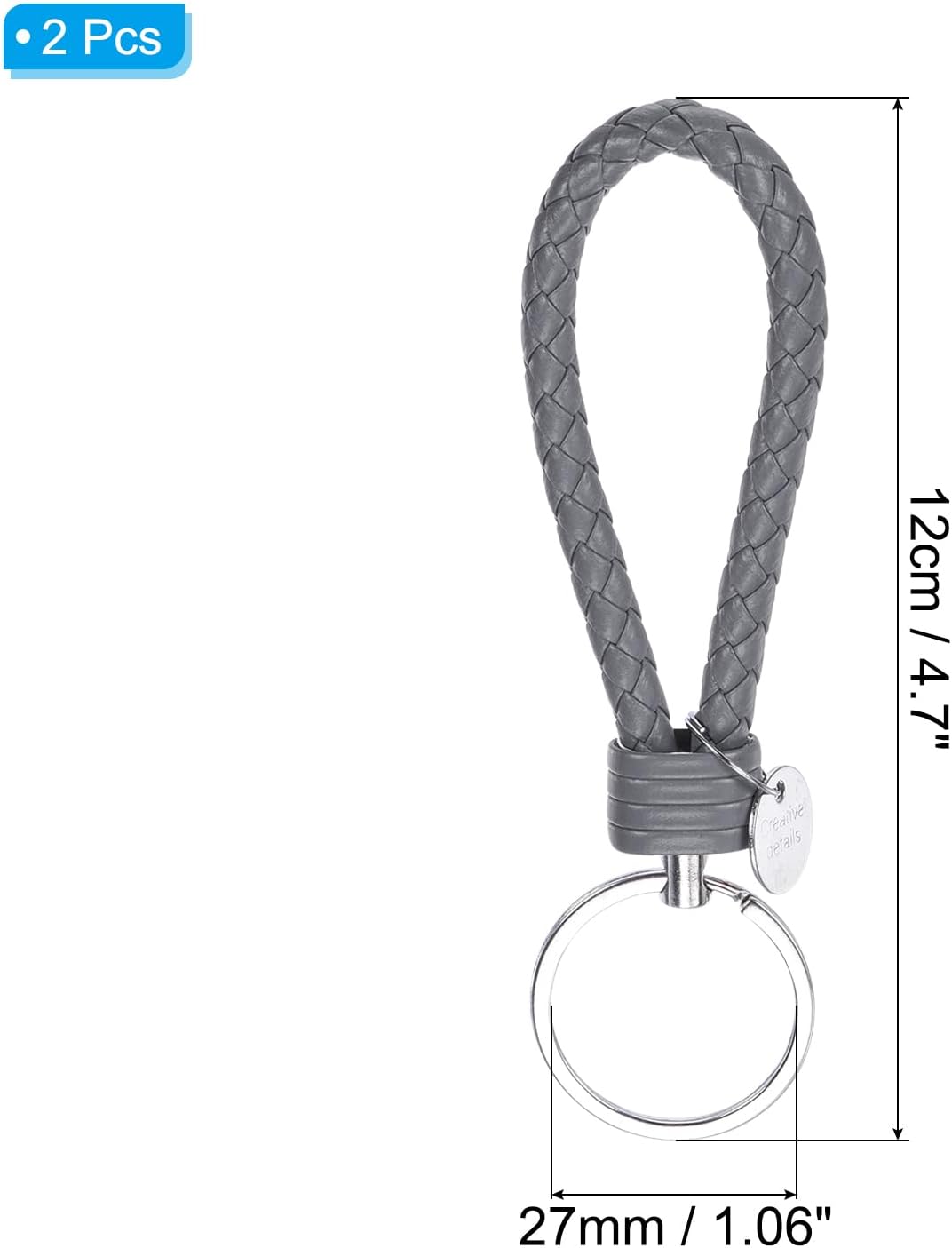 Braided Leather Keychain with Stainless Steel Key Ring Sleeves, PU Woven Wristlet Lanyard Strap Fob Keyring Holder Gray - - Image 2