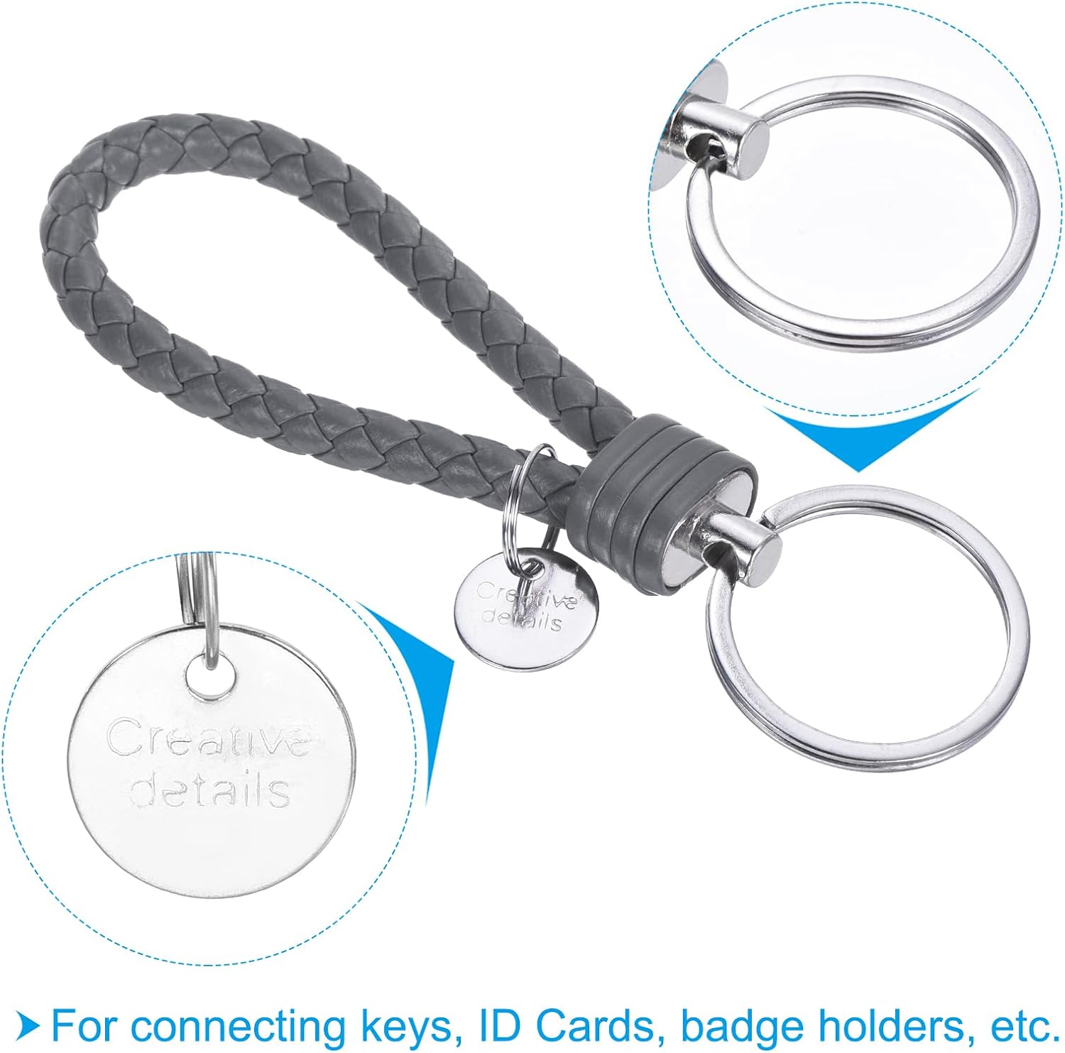 Braided Leather Keychain with Stainless Steel Key Ring Sleeves, PU Woven Wristlet Lanyard Strap Fob Keyring Holder Gray - - Image 3