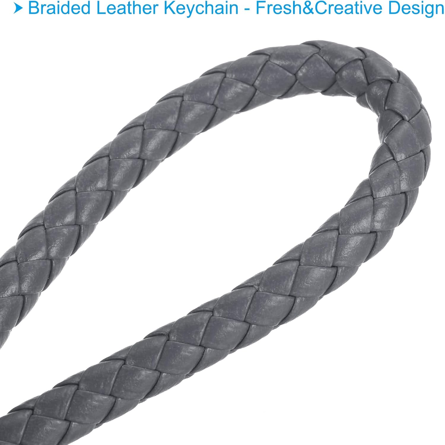 Braided Leather Keychain with Stainless Steel Key Ring Sleeves, PU Woven Wristlet Lanyard Strap Fob Keyring Holder Gray - - Image 4