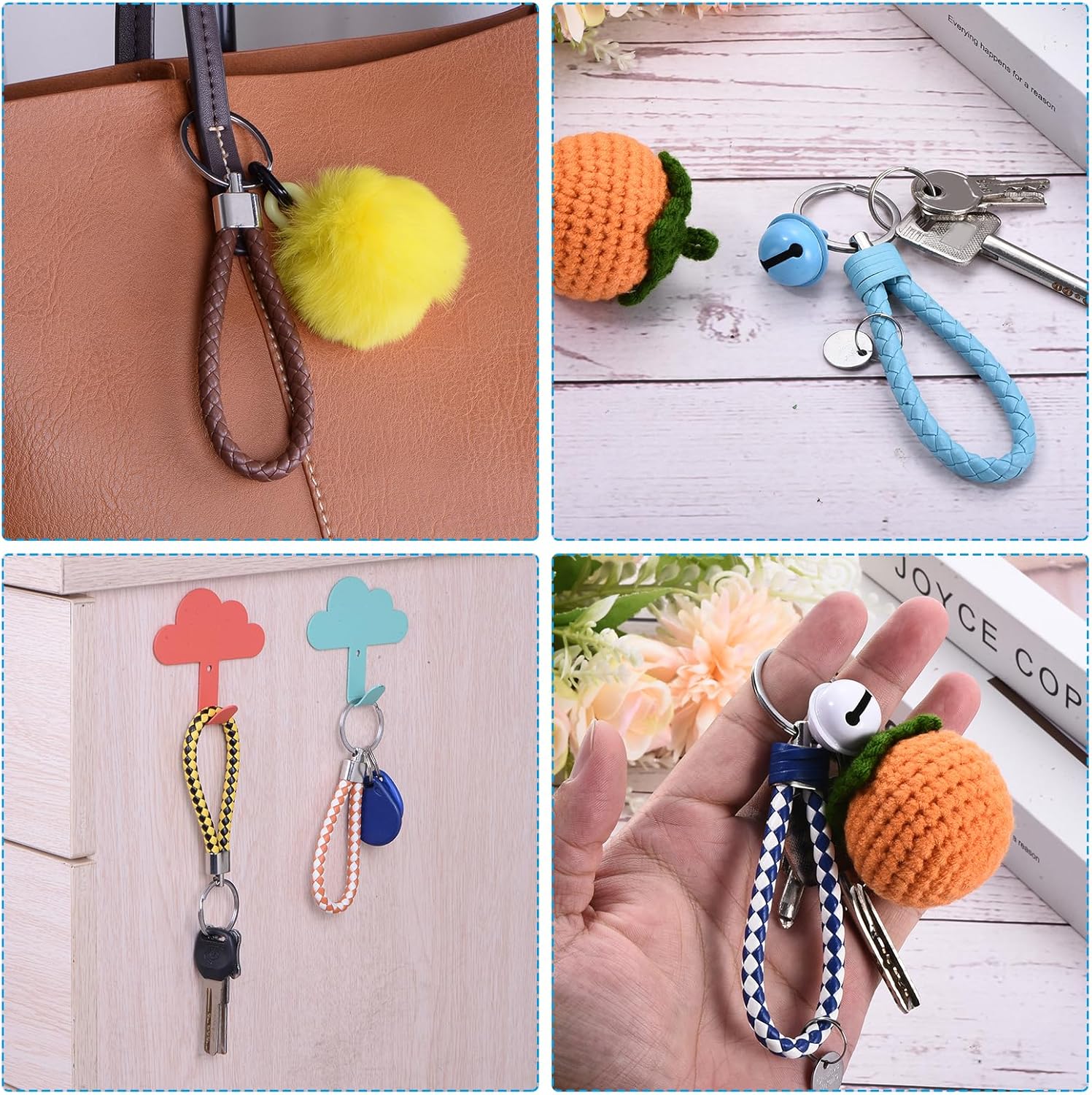 Braided Leather Keychain with Stainless Steel Key Ring Sleeves, PU Woven Wristlet Lanyard Strap Fob Keyring Holder Gray - - Image 5