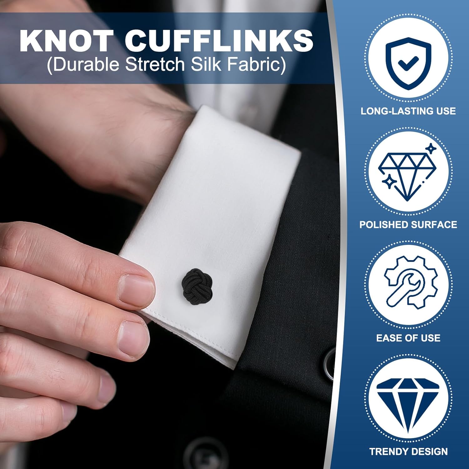 Silk Knot Cufflinks, Elastic Fabric Shirt Twist Dress Accessories Cuff Link for Men, Women, Business, Gift, Wedding White - - Image 3