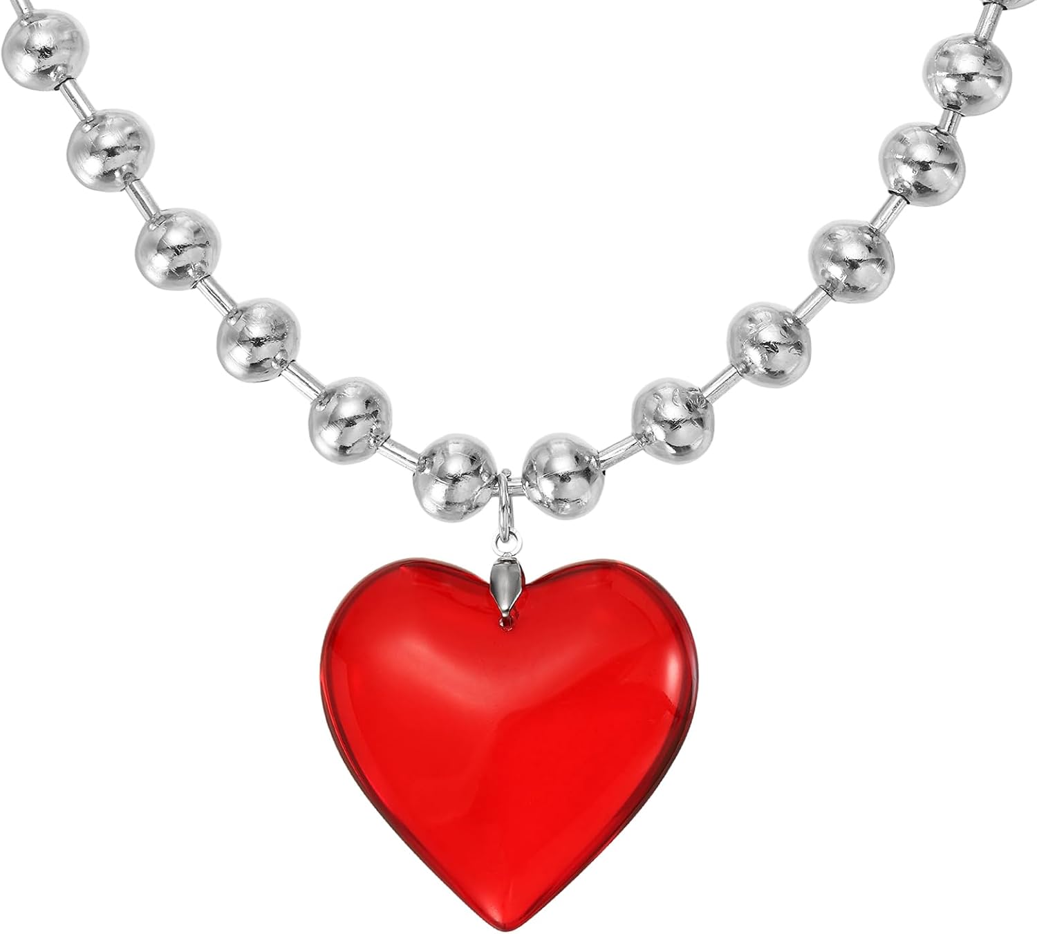 Glass Heart Shape Pendant Necklace, Alloy Chain Love Charms Necklace Red - - Image 1