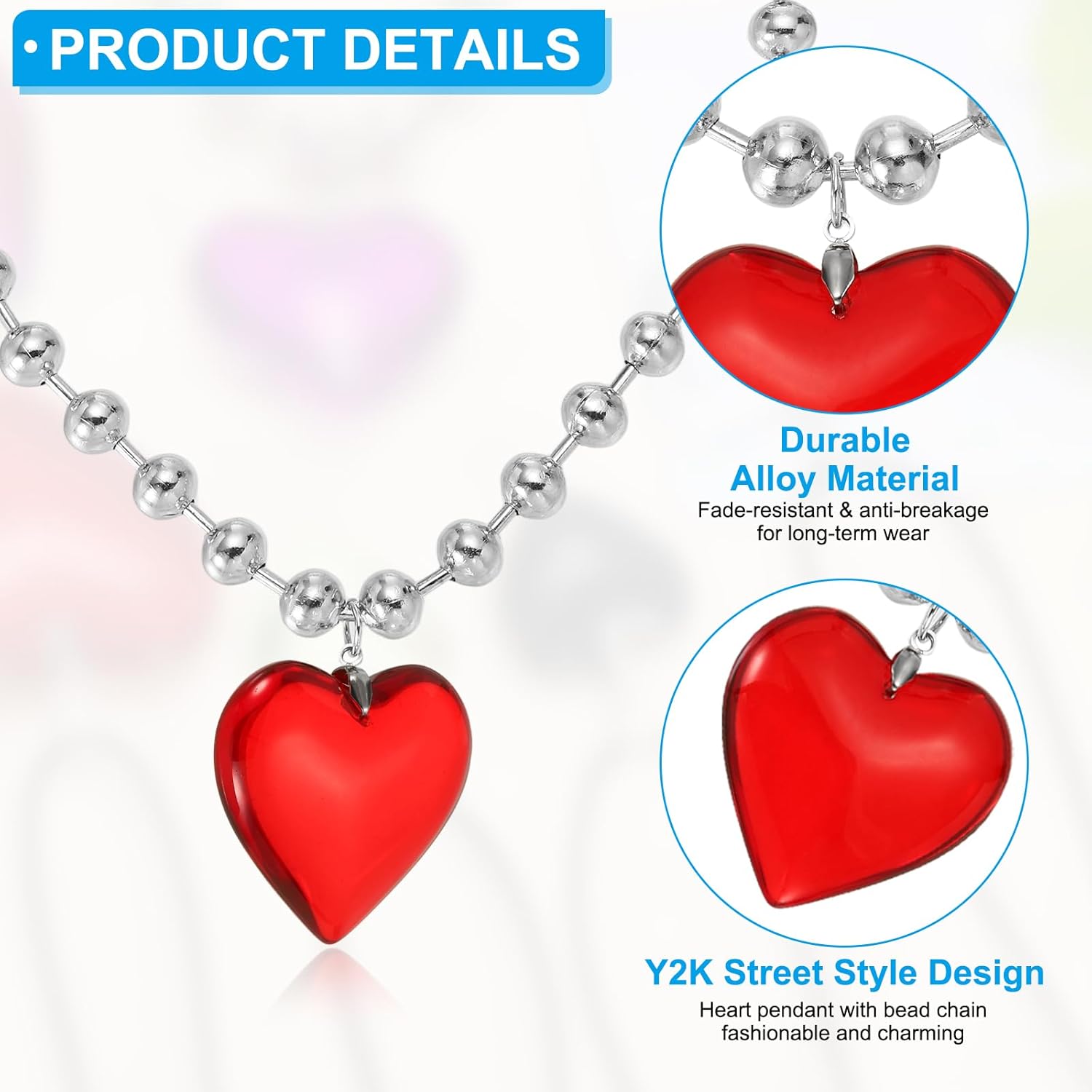 Glass Heart Shape Pendant Necklace, Alloy Chain Love Charms Necklace Red - - Image 3
