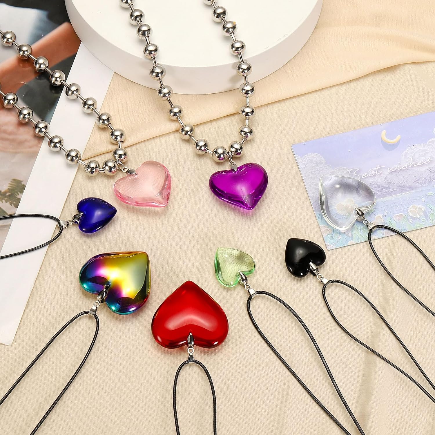 Glass Heart Shape Pendant Necklace, Alloy Chain Love Charms Necklace Red - - Image 4