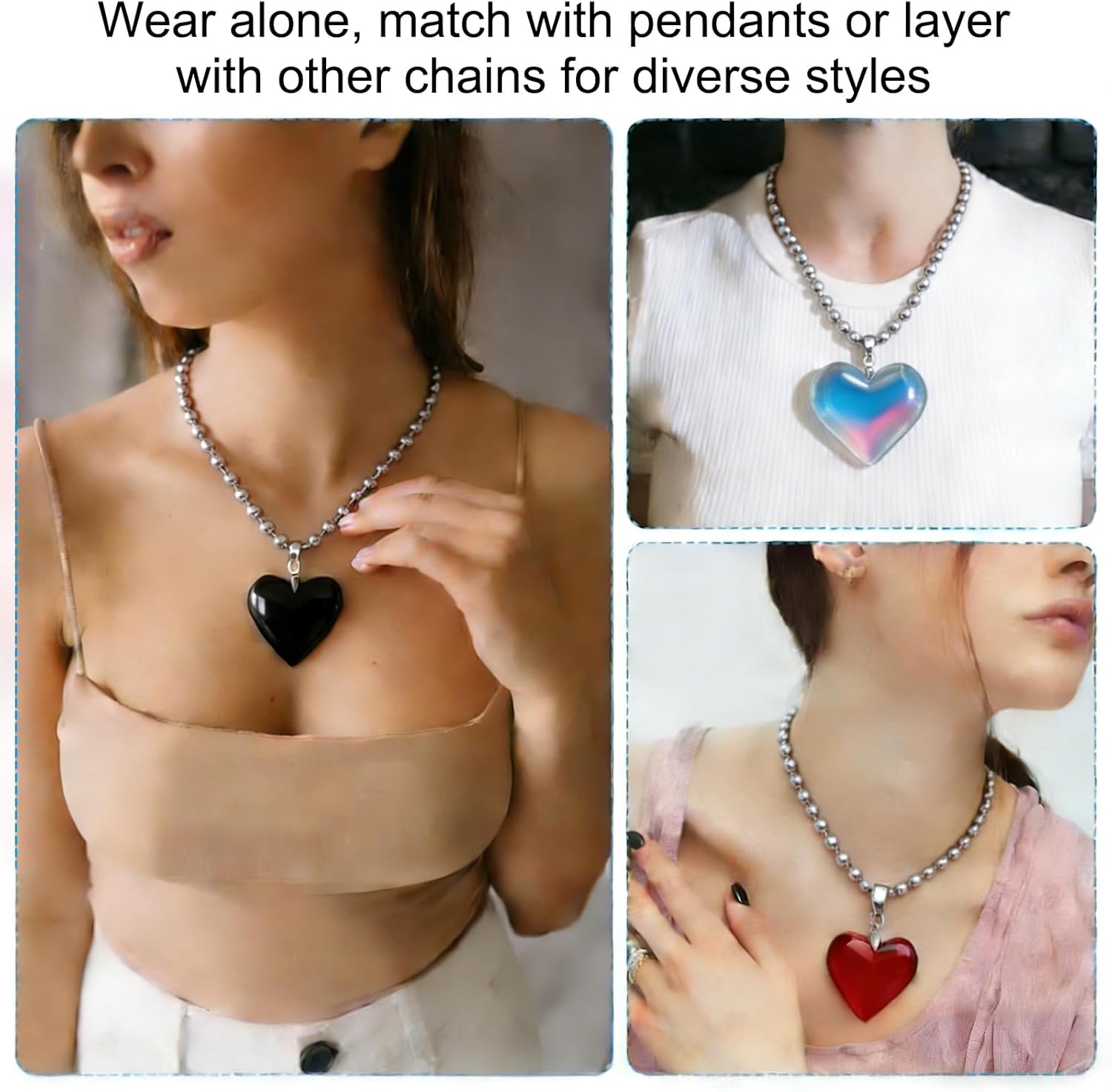 Glass Heart Shape Pendant Necklace, Alloy Chain Love Charms Necklace Red - - Image 6