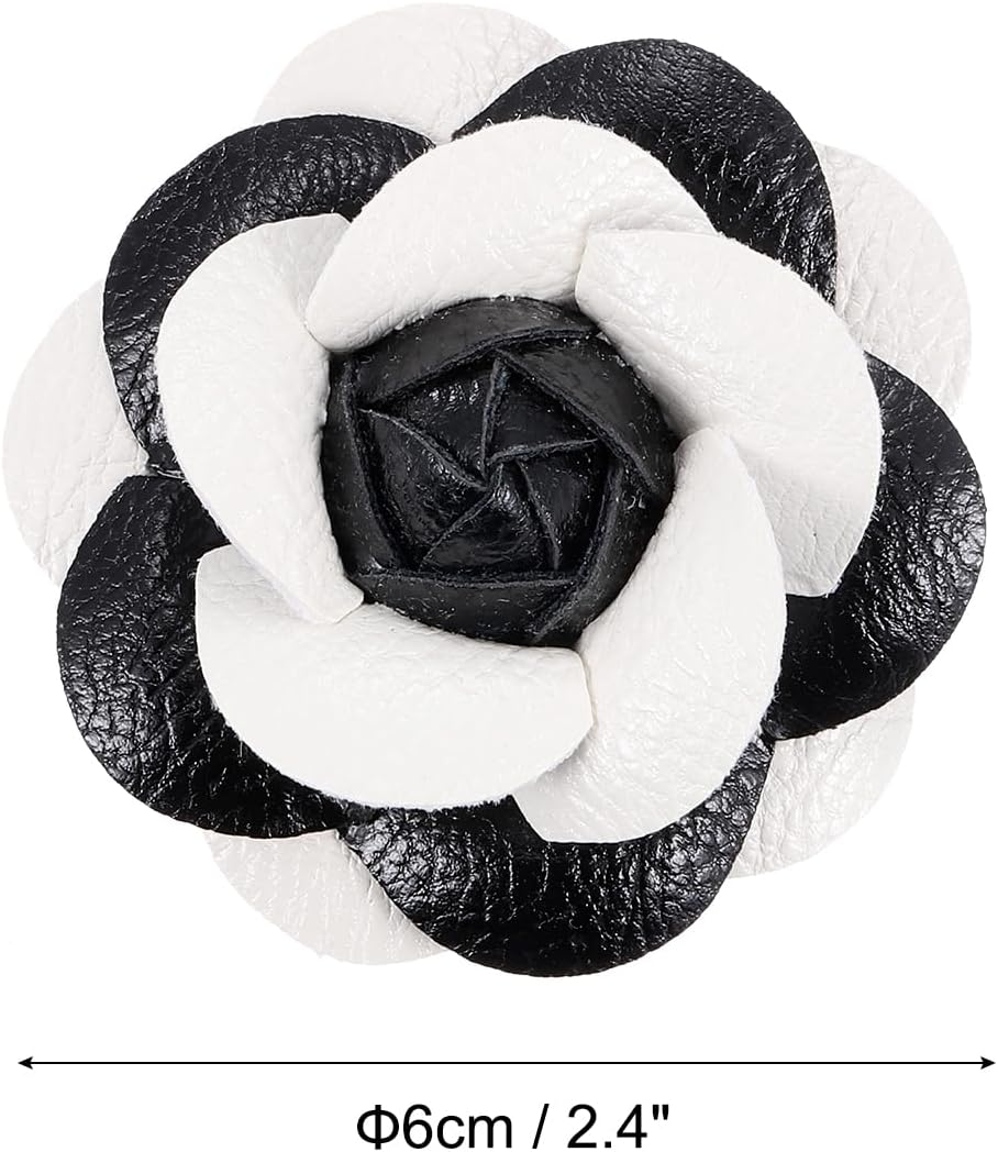 Flower Hair Clips, Camellia Hairpin Floral Brooches Pin Handmade Leather Brooch for Lady Bridal Women Hat Dress Black White - - Image 2