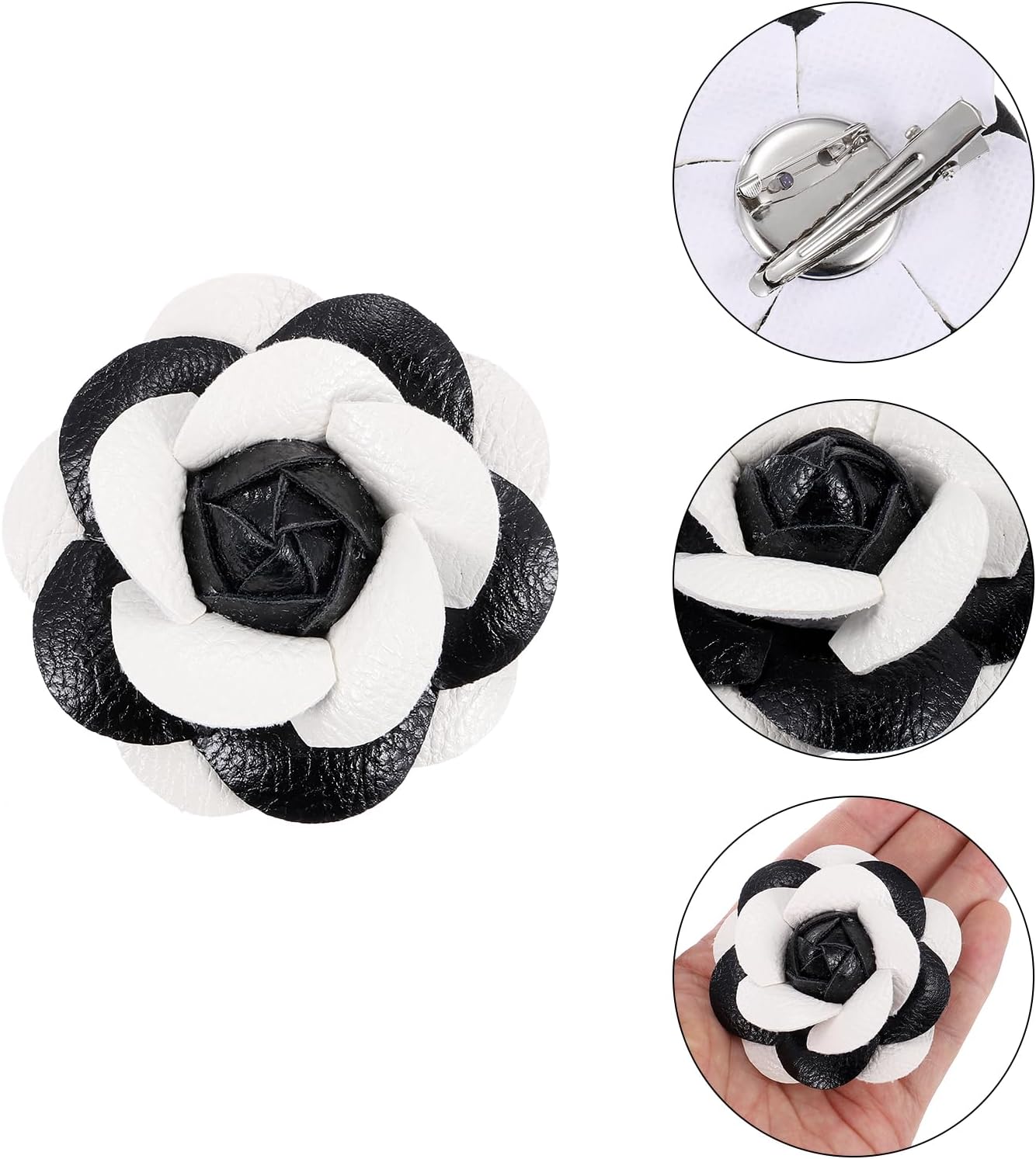 Flower Hair Clips, Camellia Hairpin Floral Brooches Pin Handmade Leather Brooch for Lady Bridal Women Hat Dress Black White - - Image 3