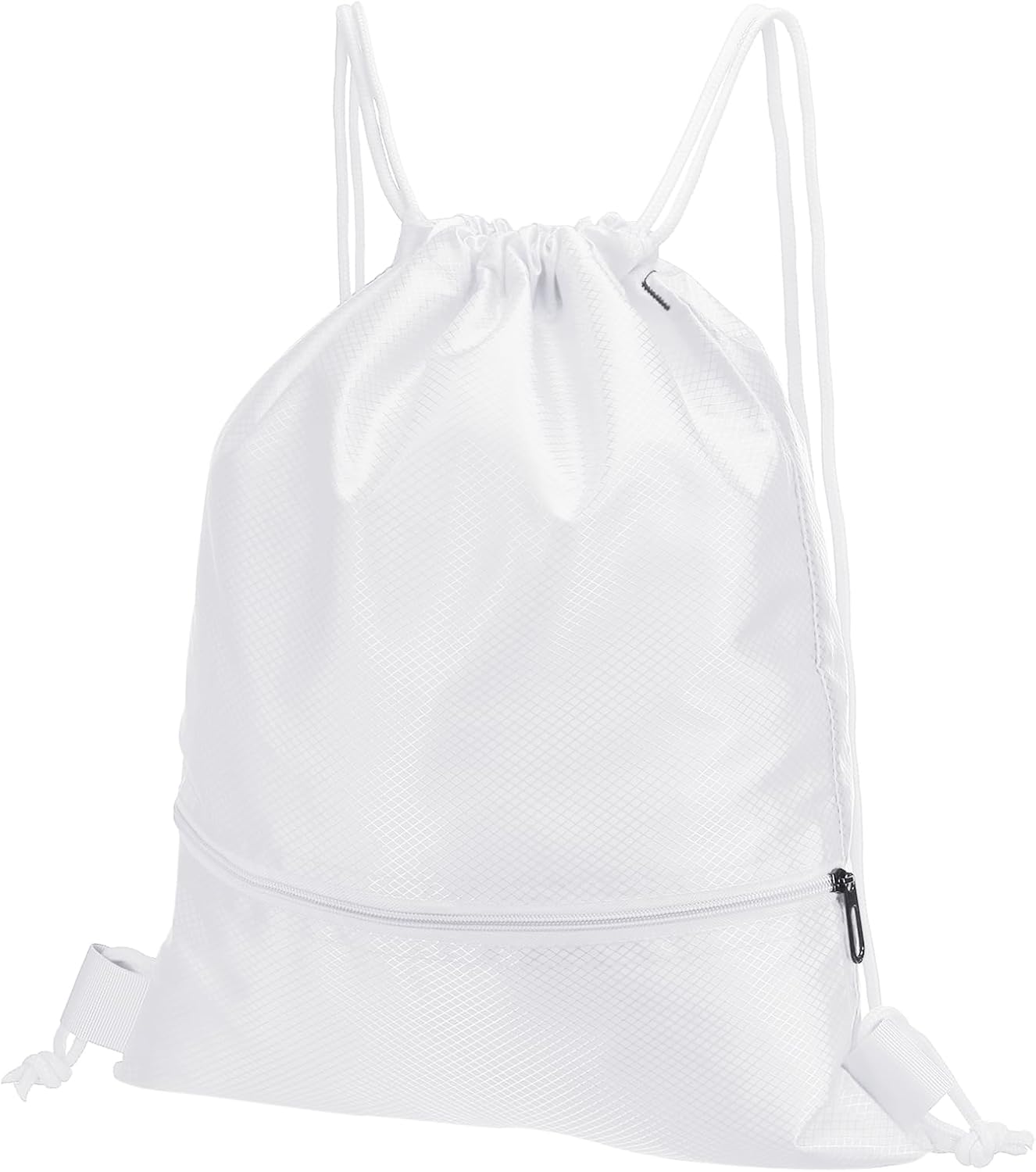 Drawstring Backpack Bag, Gym Bags String with Zip Pocket for Women Men, White - - Image 1