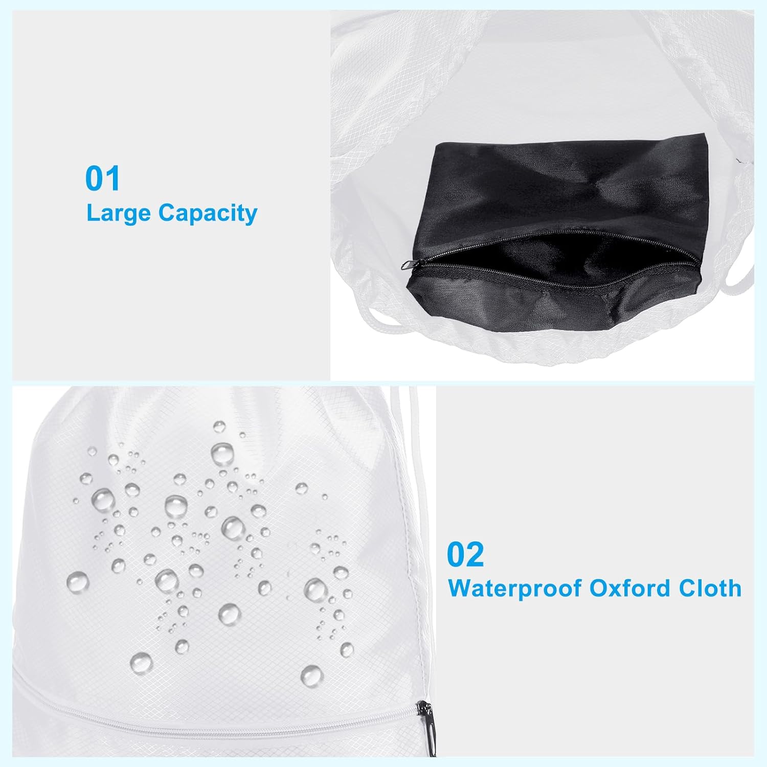 Drawstring Backpack Bag, Gym Bags String with Zip Pocket for Women Men, White - - Image 3