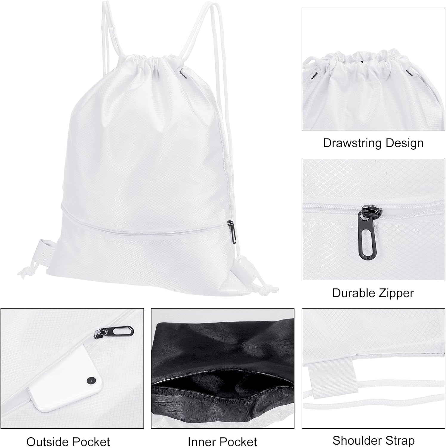 Drawstring Backpack Bag, Gym Bags String with Zip Pocket for Women Men, White - - Image 4