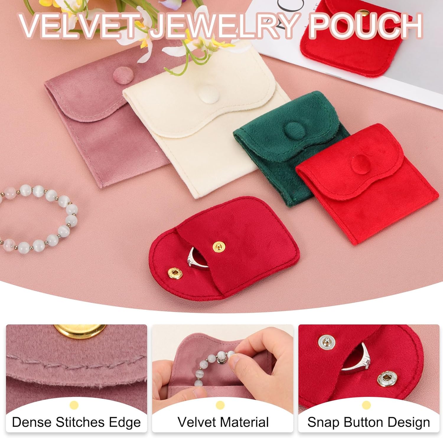 3x3 Inch Velvet Jewelry Pouches, 24 Pcs Packaging Gift Bags with Snap Button for Bracelet Necklace Rings Watch, Black - - Image 3