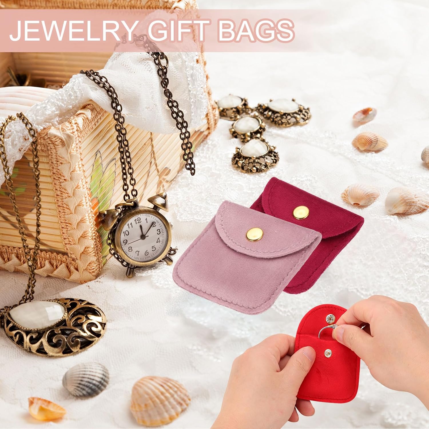 3x3 Inch Velvet Jewelry Pouches, 24 Pcs Packaging Gift Bags with Snap Button for Bracelet Necklace Rings Watch, Black - - Image 4