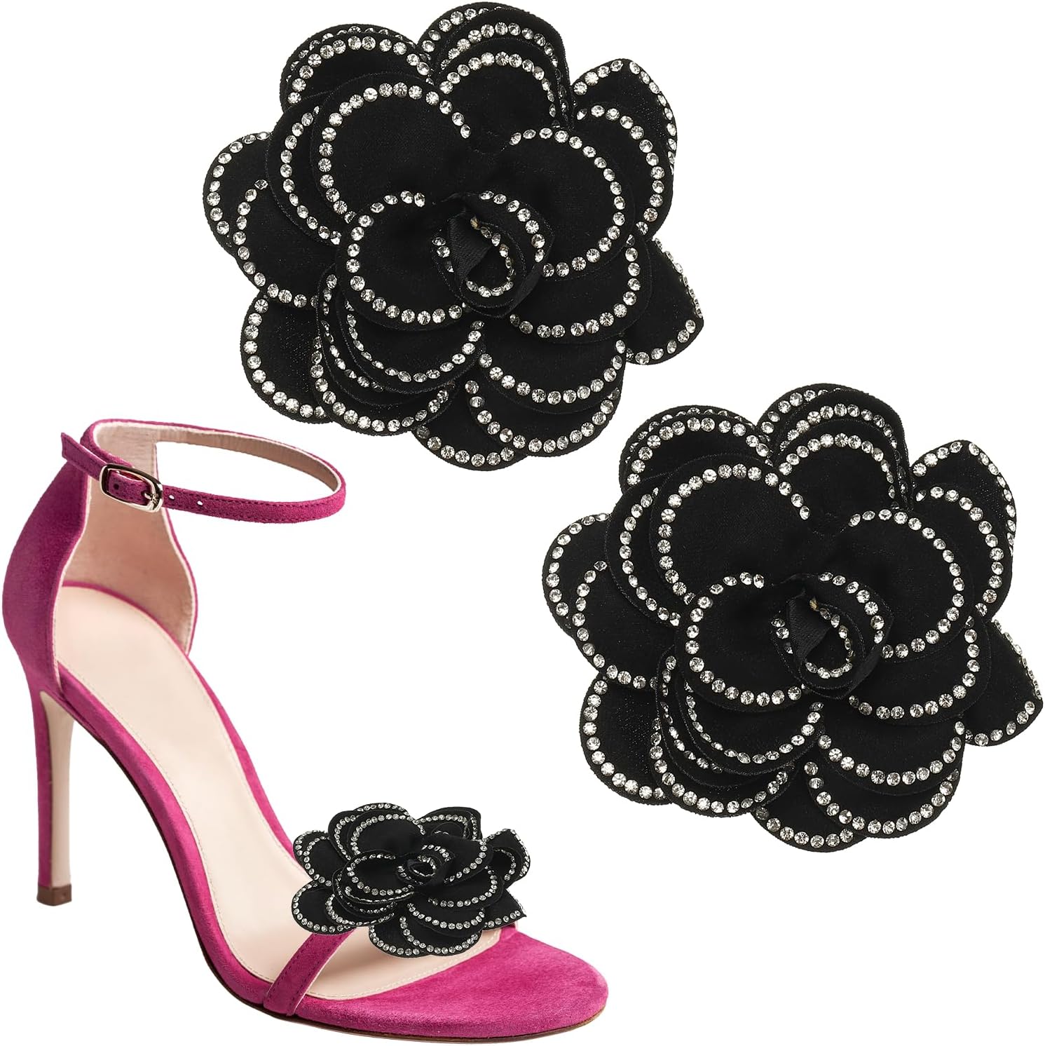 Decorative Shoe Clips, Removable Bow Clip Flower Rhinestone Charms for Women Dress High Heels Accessories Black 3 Inch - Image 1