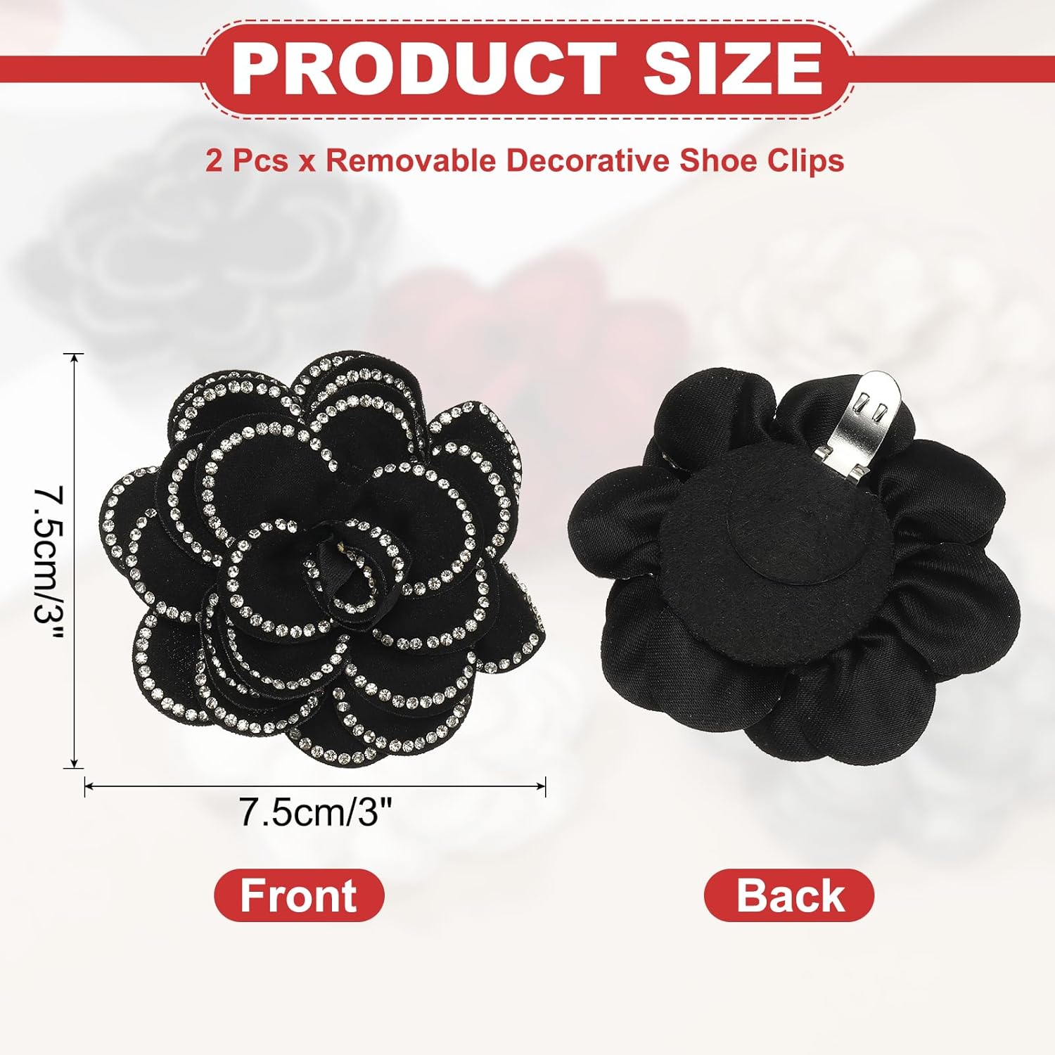 Decorative Shoe Clips, Removable Bow Clip Flower Rhinestone Charms for Women Dress High Heels Accessories Black 3 Inch - Image 2