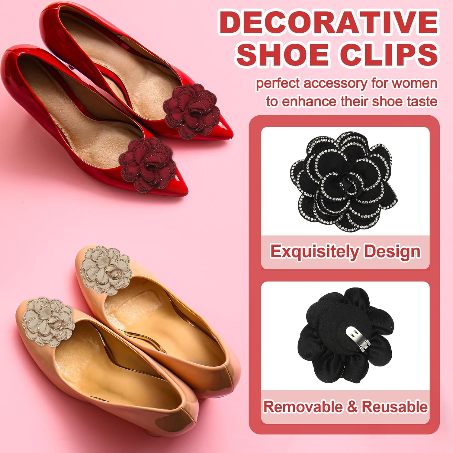 Decorative Shoe Clips, Removable Bow Clip Flower Rhinestone Charms for Women Dress High Heels Accessories Black 3 Inch - Image 3