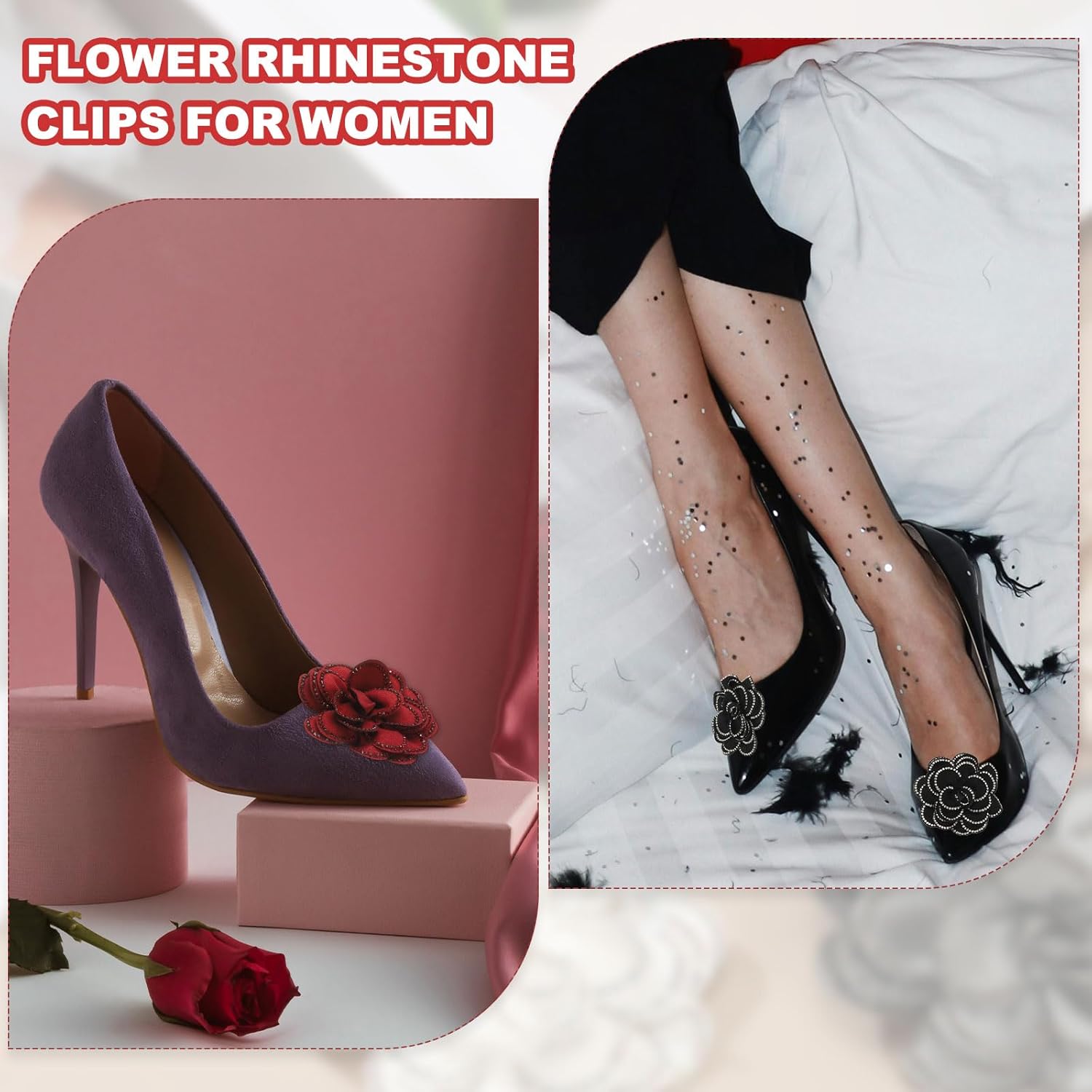 Decorative Shoe Clips, Removable Bow Clip Flower Rhinestone Charms for Women Dress High Heels Accessories Black 3 Inch - Image 5