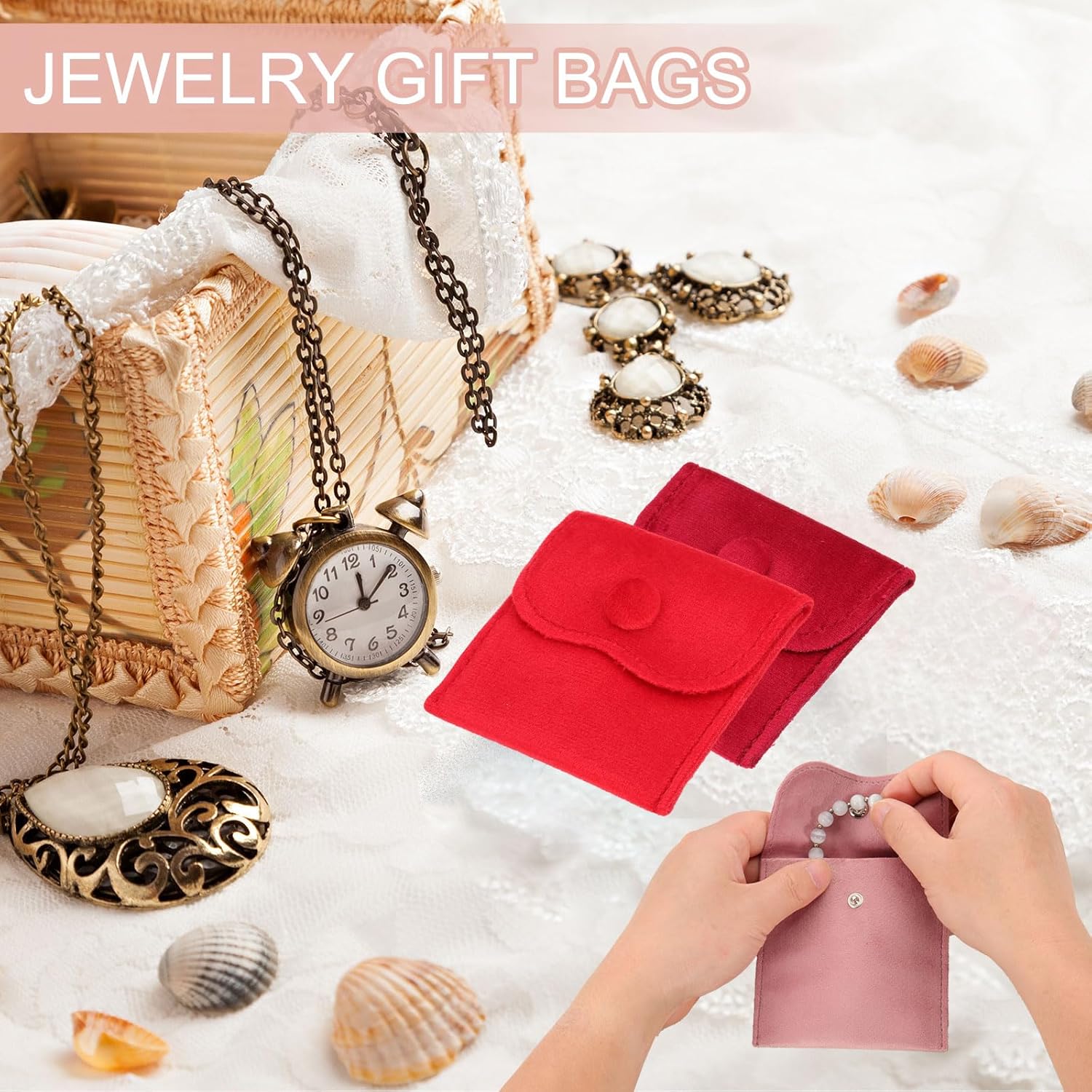 3x3 Inch Velvet Jewelry Pouches, 6 Pcs Packaging Gift Bags with Snap Button for Bracelet Necklace Rings Watch, Beige - Image 4