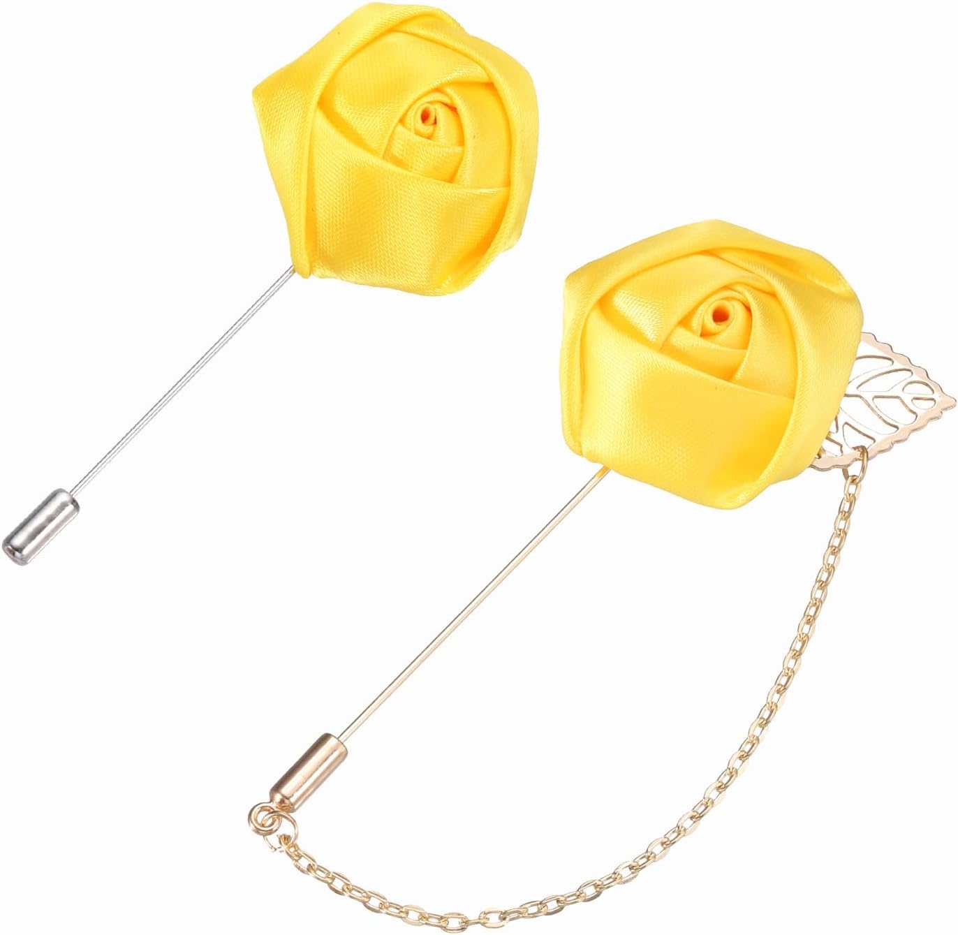 Rose Flower Lapel Pin for Men, 2 Style Cloth Brooch Kit Gold Leaf Tassel Chain Satin Boutonnieres Stick Men Yellow - - Image 1