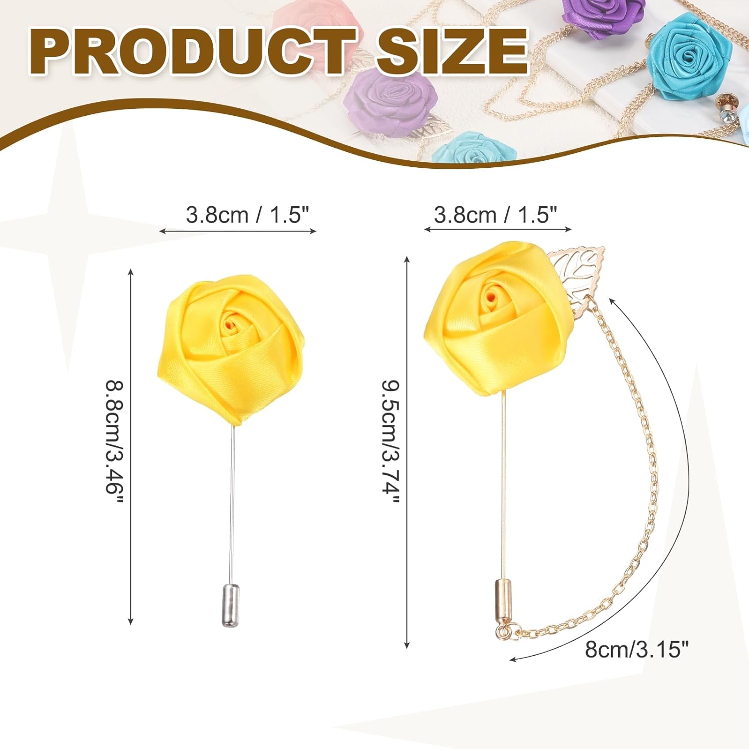 Rose Flower Lapel Pin for Men, 2 Style Cloth Brooch Kit Gold Leaf Tassel Chain Satin Boutonnieres Stick Men Yellow - - Image 2