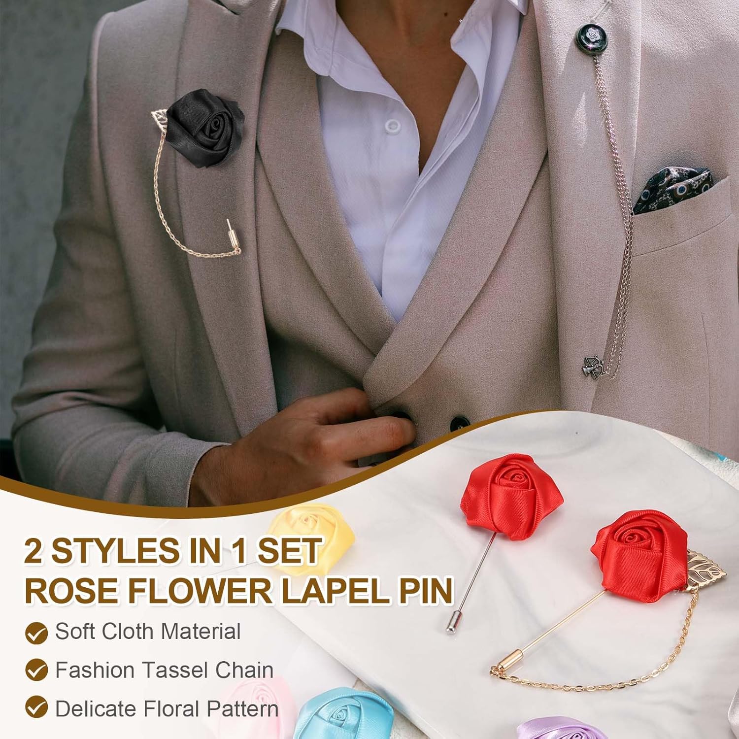 Rose Flower Lapel Pin for Men, 2 Style Cloth Brooch Kit Gold Leaf Tassel Chain Satin Boutonnieres Stick Men Yellow - - Image 3