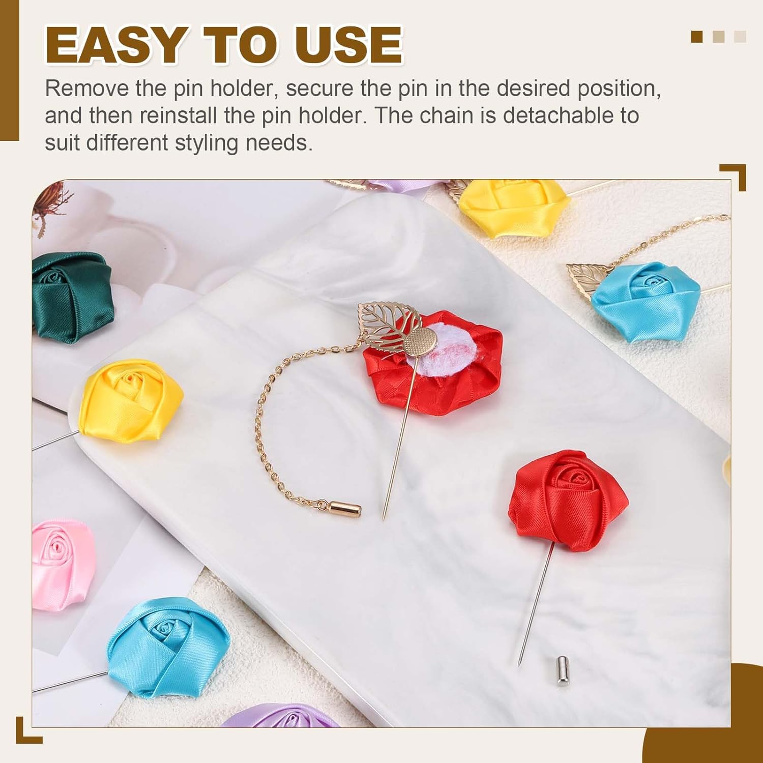 Rose Flower Lapel Pin for Men, 2 Style Cloth Brooch Kit Gold Leaf Tassel Chain Satin Boutonnieres Stick Men Yellow - - Image 4