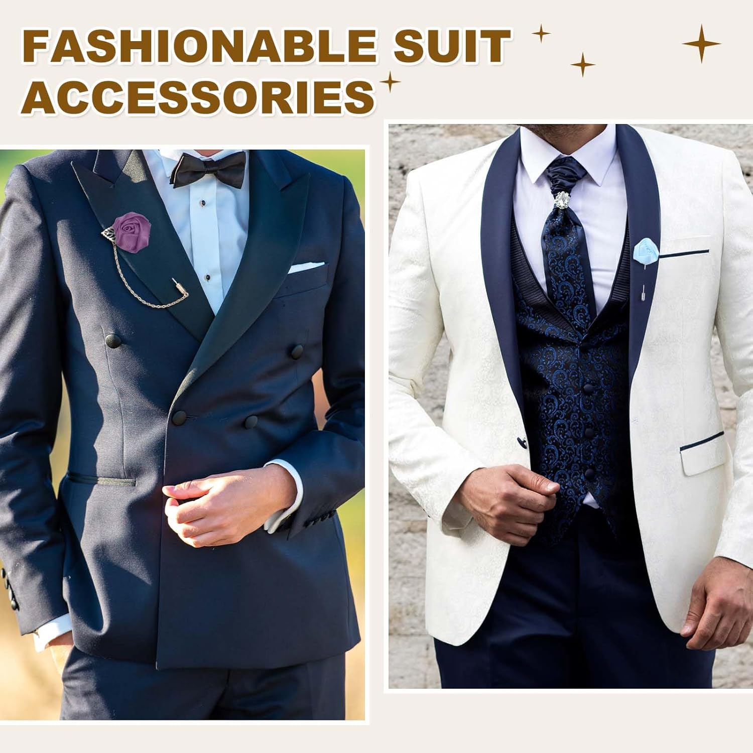 Rose Flower Lapel Pin for Men, 2 Style Cloth Brooch Kit Gold Leaf Tassel Chain Satin Boutonnieres Stick Men Yellow - - Image 5