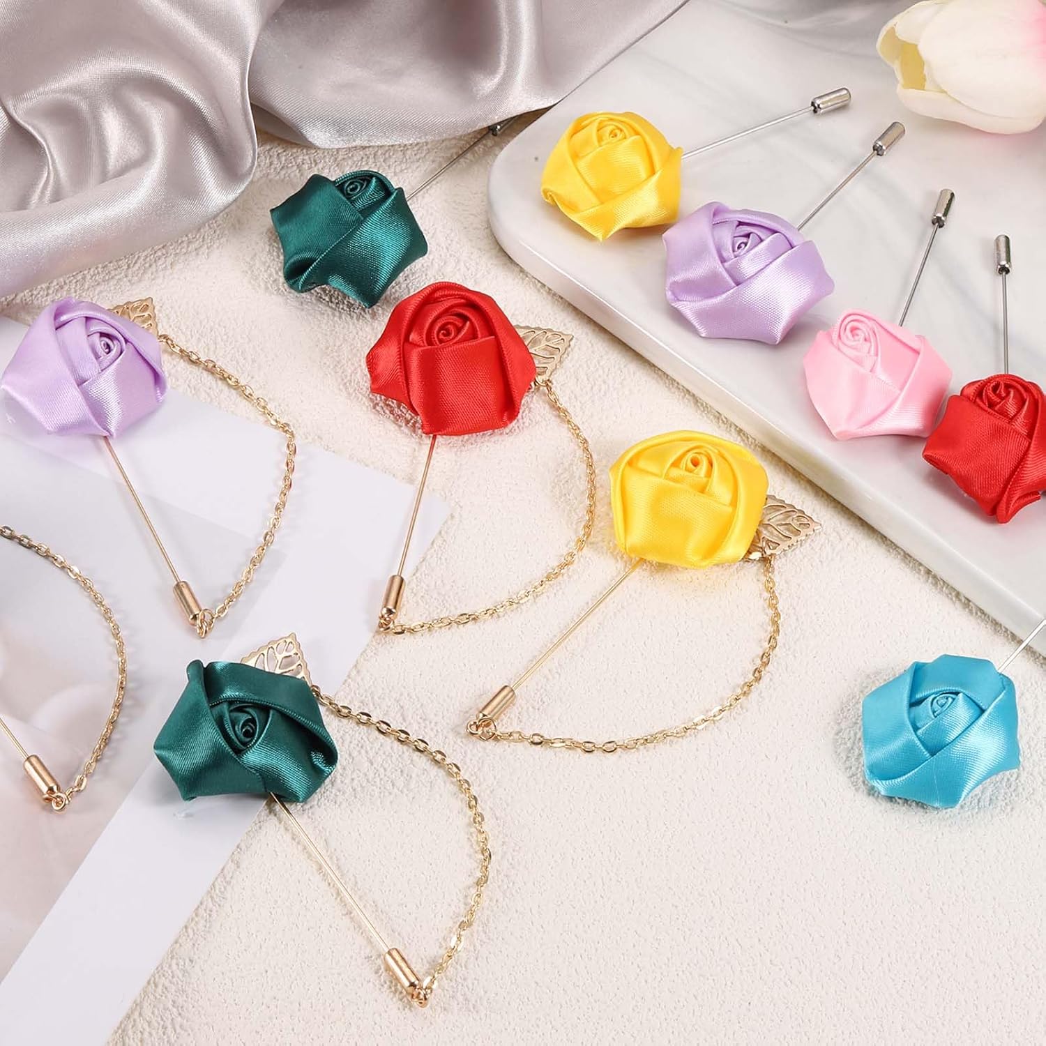 Rose Flower Lapel Pin for Men, 2 Style Cloth Brooch Kit Gold Leaf Tassel Chain Satin Boutonnieres Stick Men Yellow - - Image 7