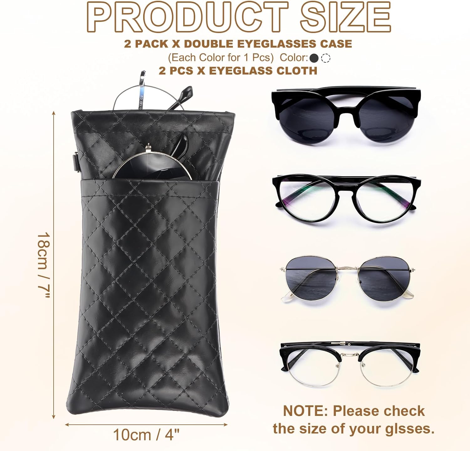 Double Eyeglasses Case, 2 Pcs Leather Soft Glasses Cases Portable Sunglasses Pouch Organizer with Strap Black/White - - Image 2