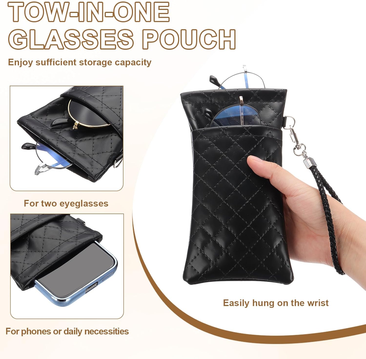 Double Eyeglasses Case, 2 Pcs Leather Soft Glasses Cases Portable Sunglasses Pouch Organizer with Strap Black/White - - Image 3