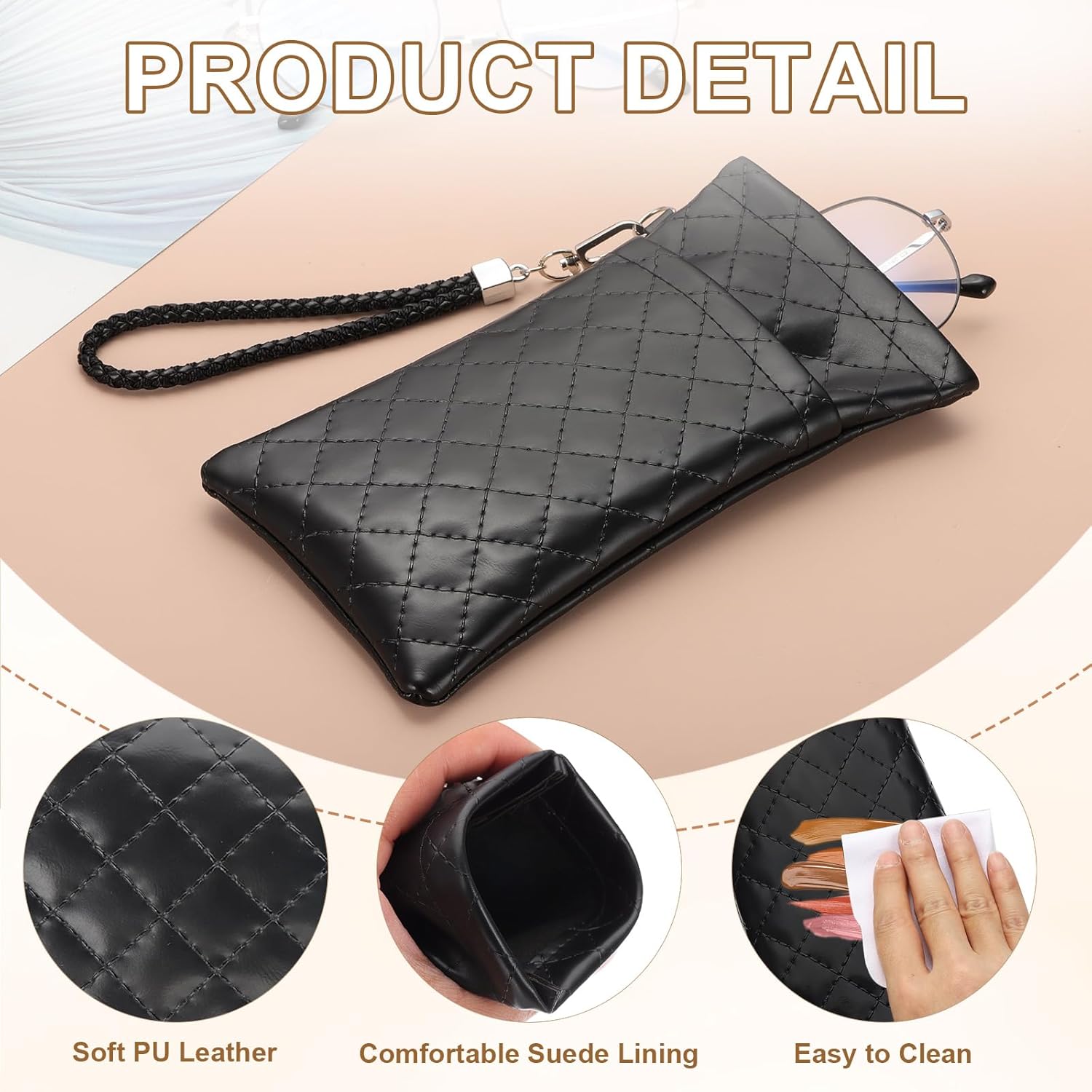 Double Eyeglasses Case, 2 Pcs Leather Soft Glasses Cases Portable Sunglasses Pouch Organizer with Strap Black/White - - Image 5