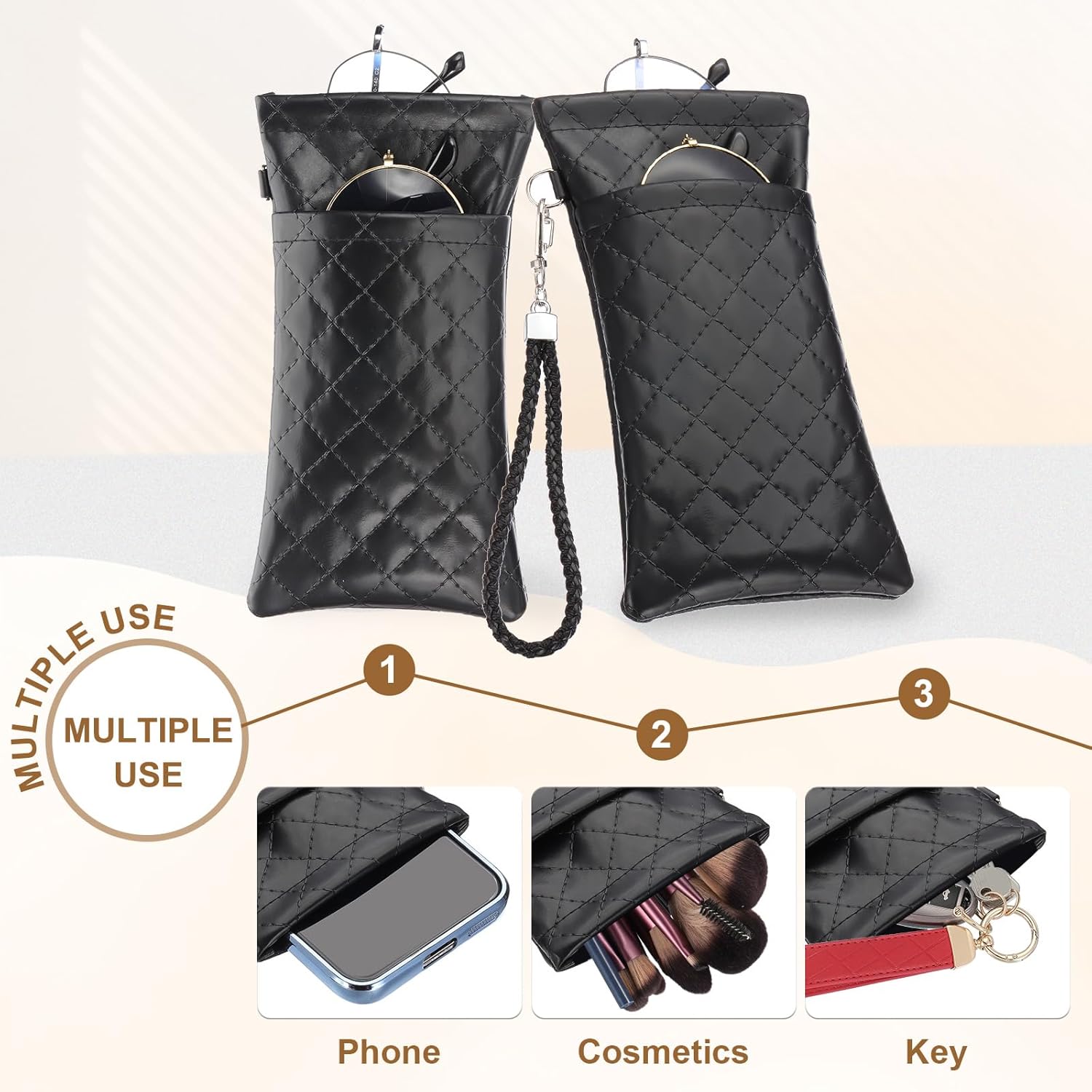 Double Eyeglasses Case, 2 Pcs Leather Soft Glasses Cases Portable Sunglasses Pouch Organizer with Strap Black/White - - Image 6