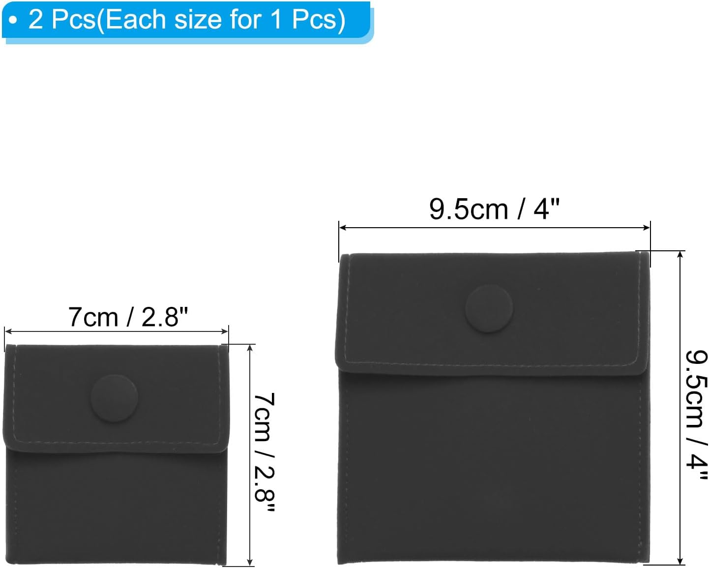 Jewelry Pouch, 2 Pack Soft Velvet Pouches with Snap Button Portable Storage for Rings Necklace Bracelet Earring Watch, Black(3x3, 4x4) Black - - Image 2