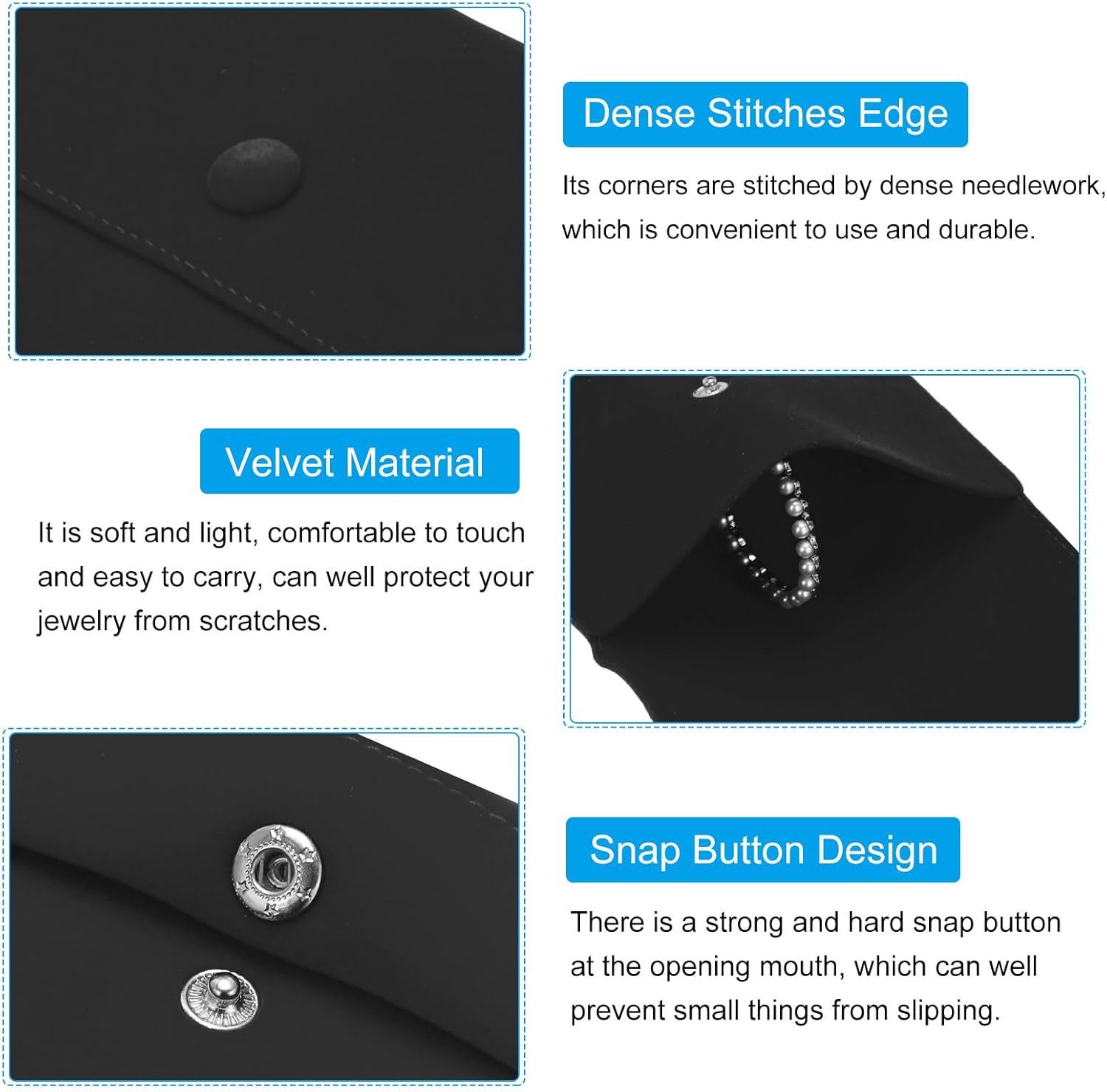 Jewelry Pouch, 2 Pack Soft Velvet Pouches with Snap Button Portable Storage for Rings Necklace Bracelet Earring Watch, Black(3x3, 4x4) Black - - Image 3