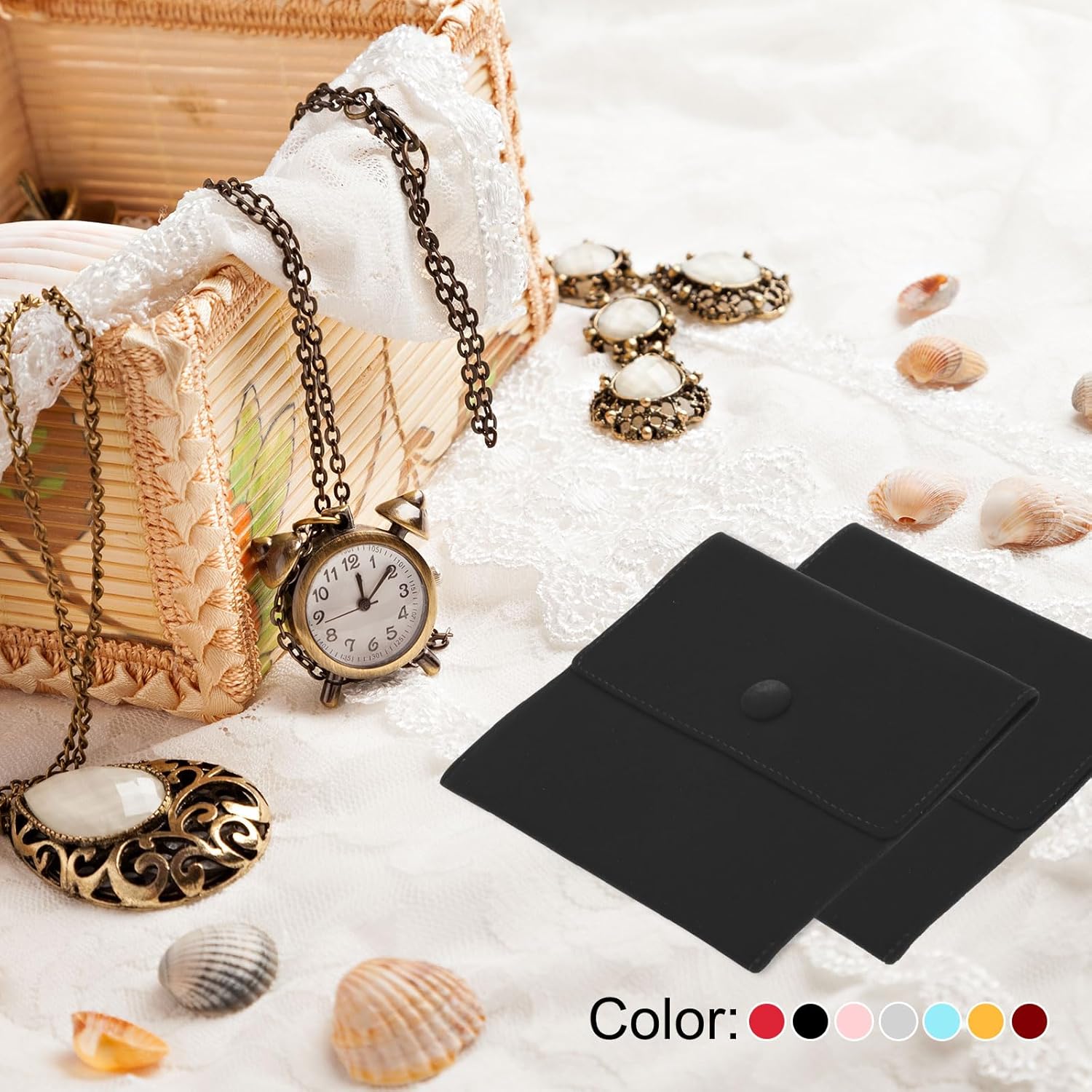 Jewelry Pouch, 2 Pack Soft Velvet Pouches with Snap Button Portable Storage for Rings Necklace Bracelet Earring Watch, Black(3x3, 4x4) Black - - Image 6