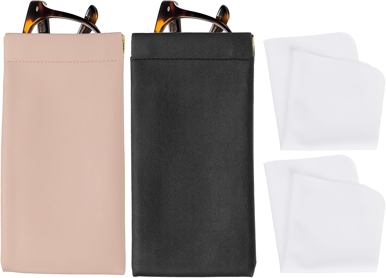 Squeeze Top Sunglass Pouch, PU Leather Soft Eyeglass Pouch Portable Travel Sunglasses Pouch(2 Set) White/Pink White - - Image 1