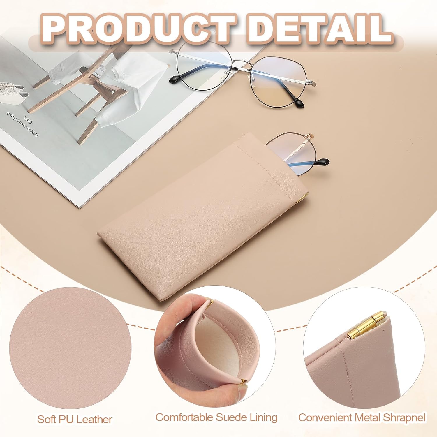Squeeze Top Sunglass Pouch, PU Leather Soft Eyeglass Pouch Portable Travel Sunglasses Pouch(2 Set) White/Pink White - - Image 3