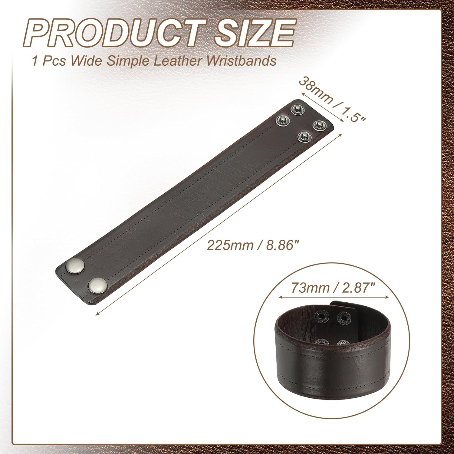 Wide Simple Leather Wristbands, Vintage Adjustable Cuff Bracelets Dark Brown - - Image 2