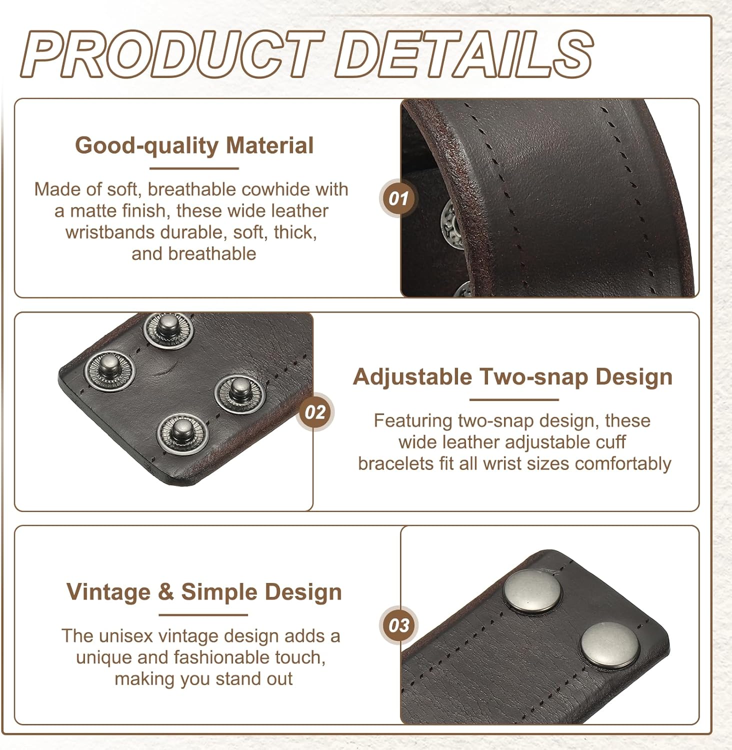 Wide Simple Leather Wristbands, Vintage Adjustable Cuff Bracelets Dark Brown - - Image 3